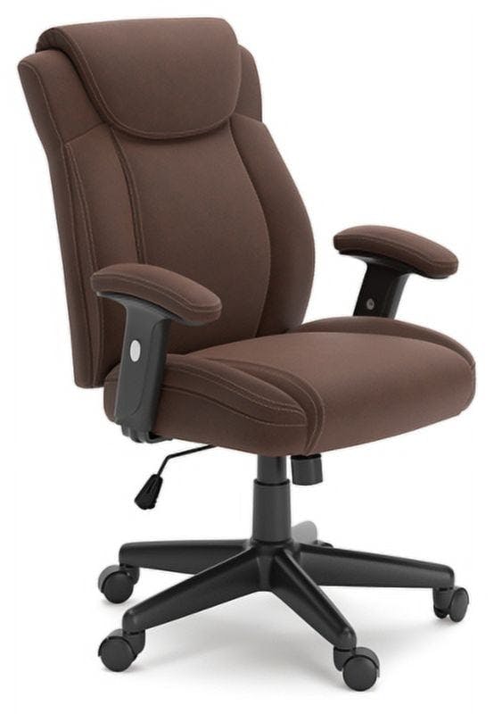 Transitional Swivel Executive Chair in Brown Faux Leather with Adjustable Arms