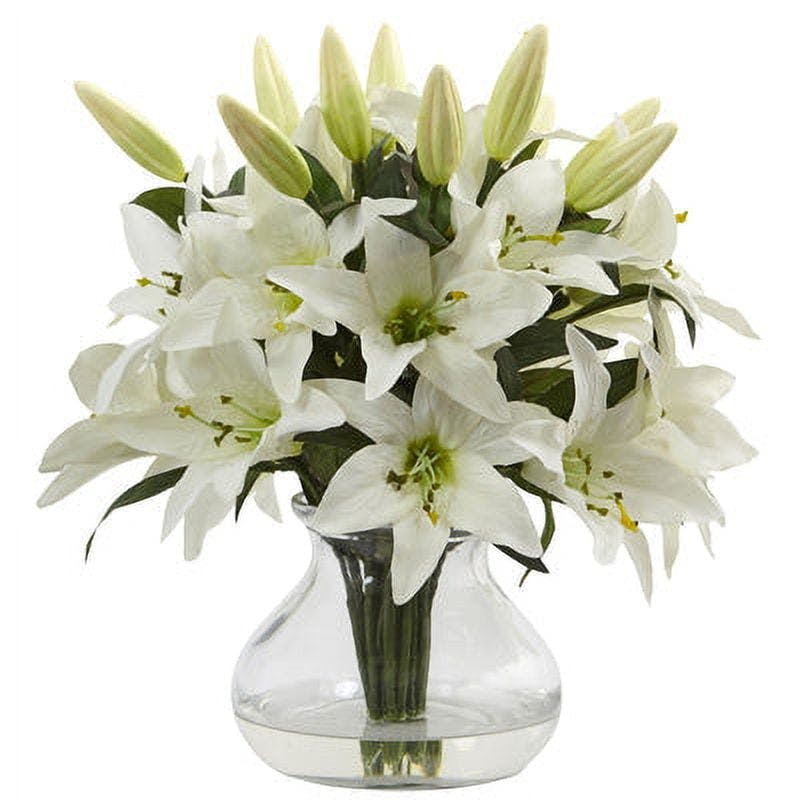 Elegant White Lily Tabletop Arrangement in Curved Glass Vase