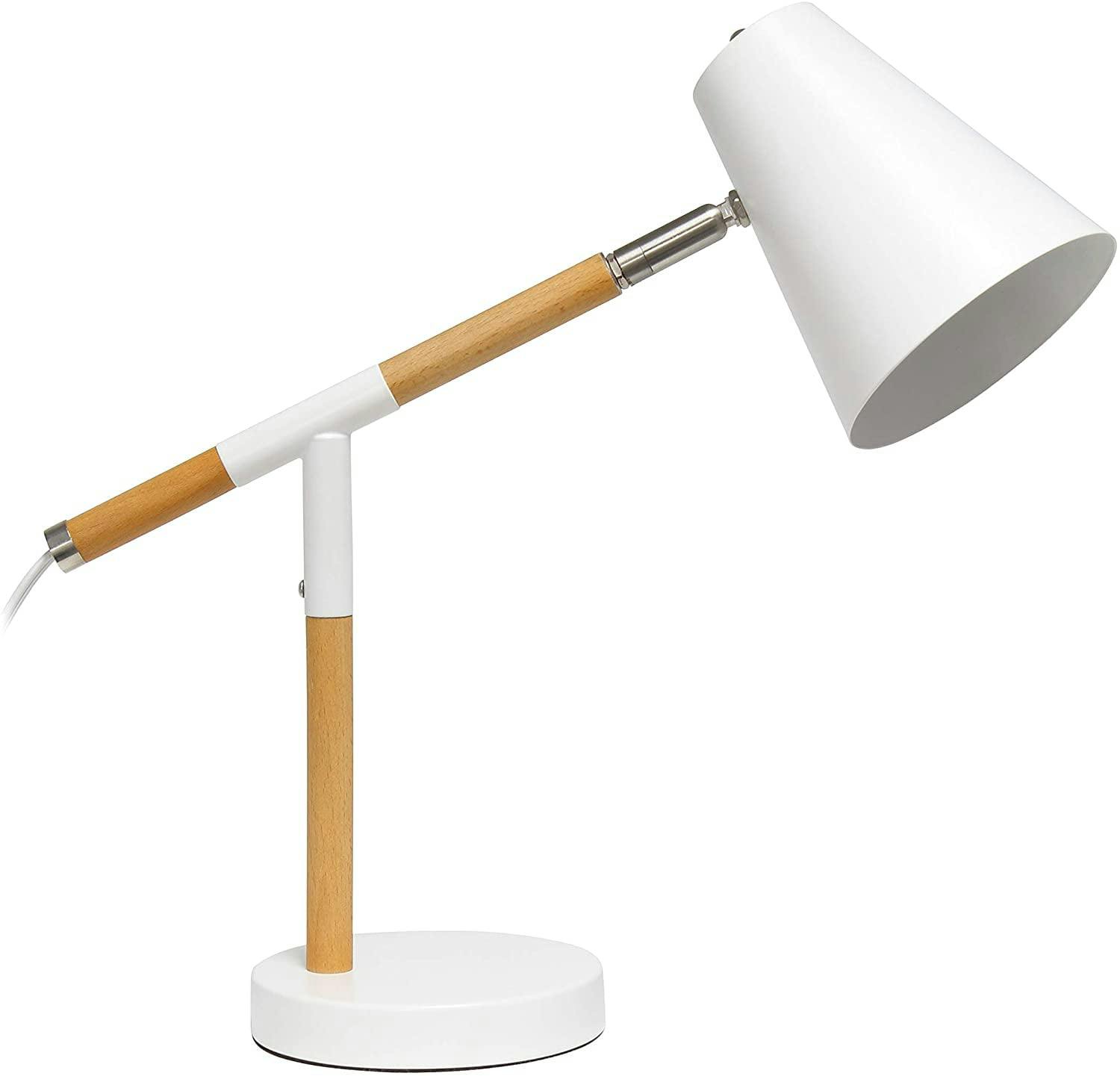 Matte White and Wood Adjustable Pivot Desk Lamp, 16.75" Height