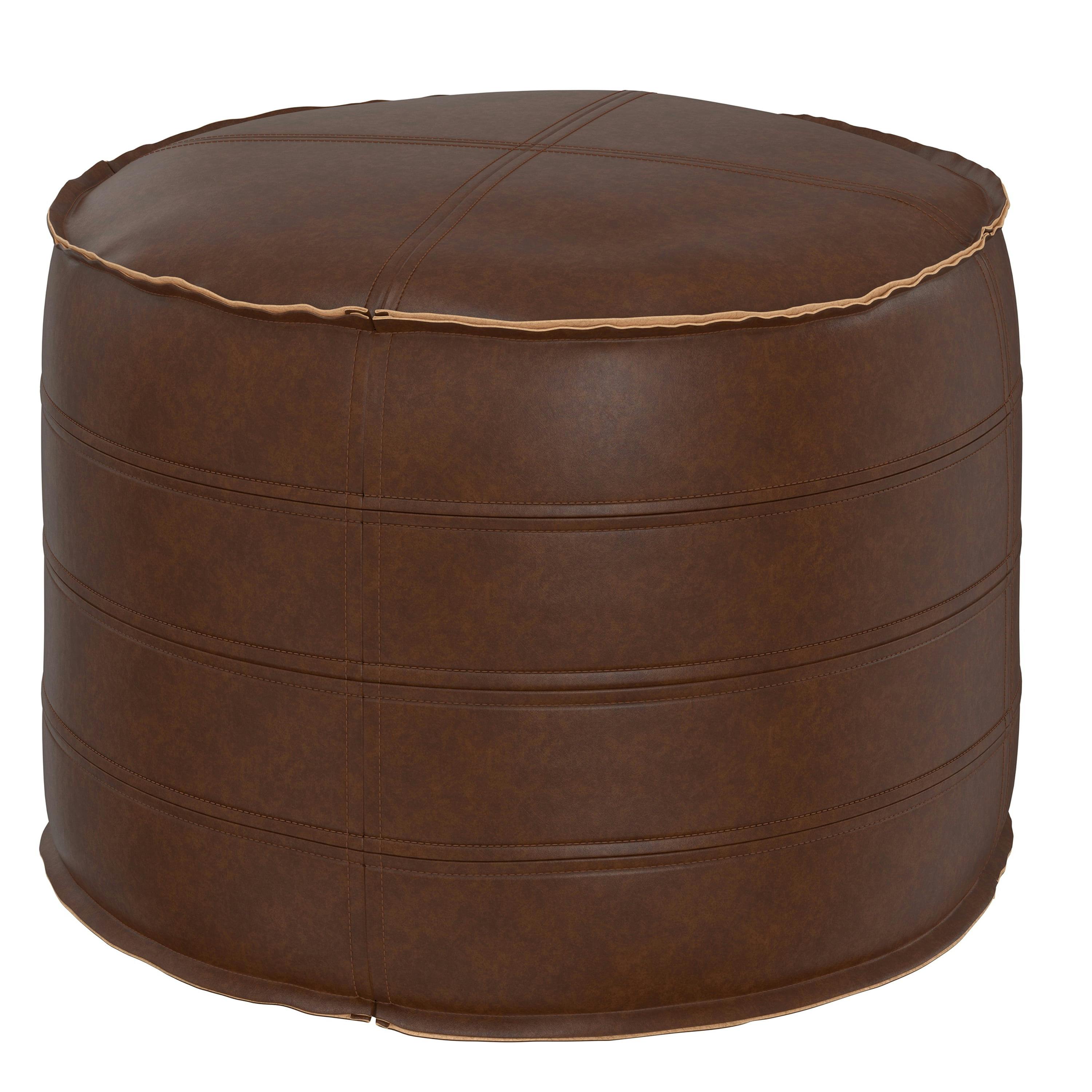 Brody Distressed Dark Brown Faux Leather Round Pouf, 20"