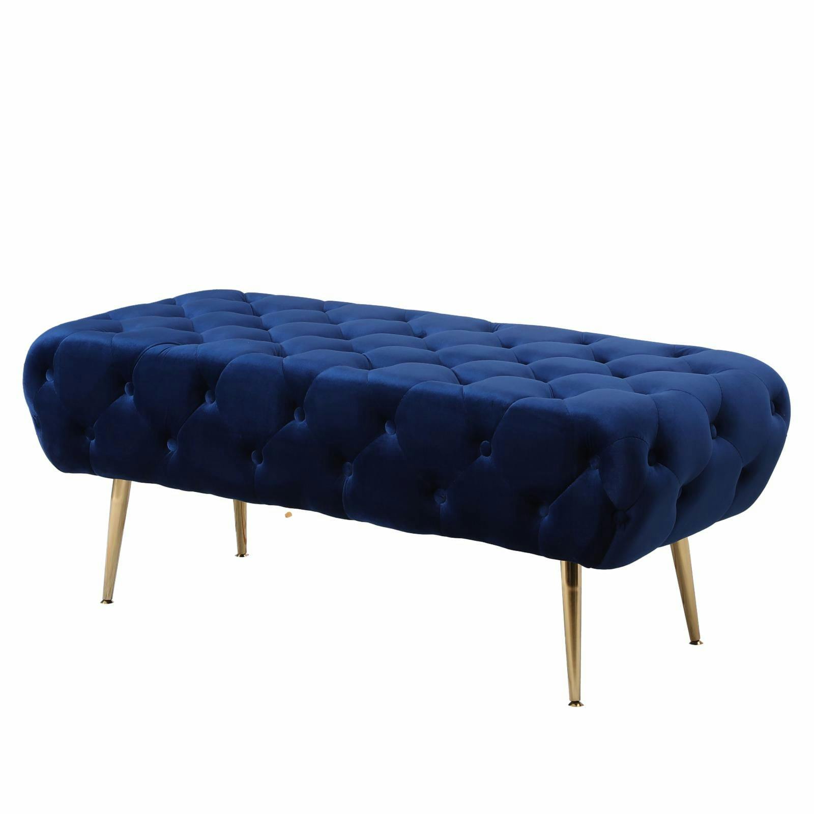 Sira Blue Velvet Button Tufted Bench with Gold Metal Legs