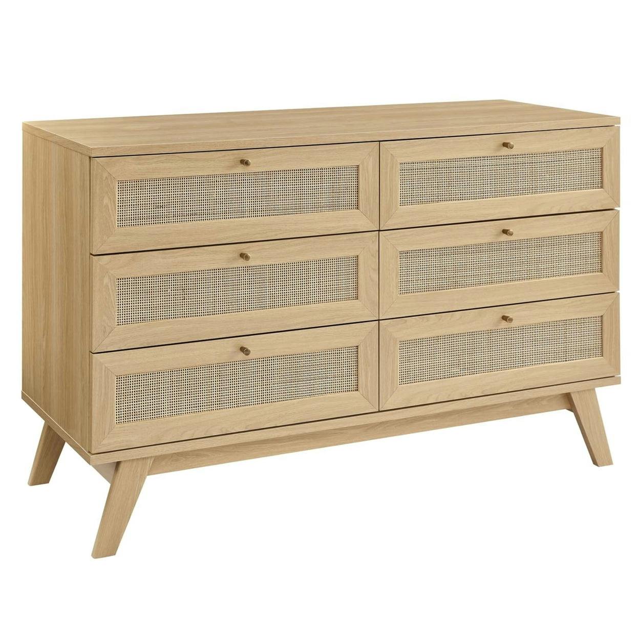 Soma 6-Drawer Double Dresser with Rattan Weave - Oak
