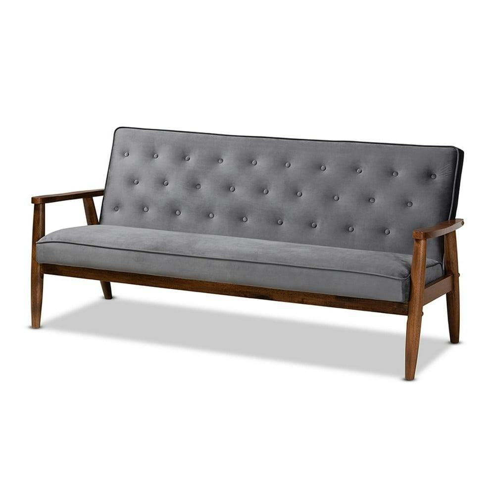 Modern Grey Velvet Tufted Sofa with Sculptural Track Arms