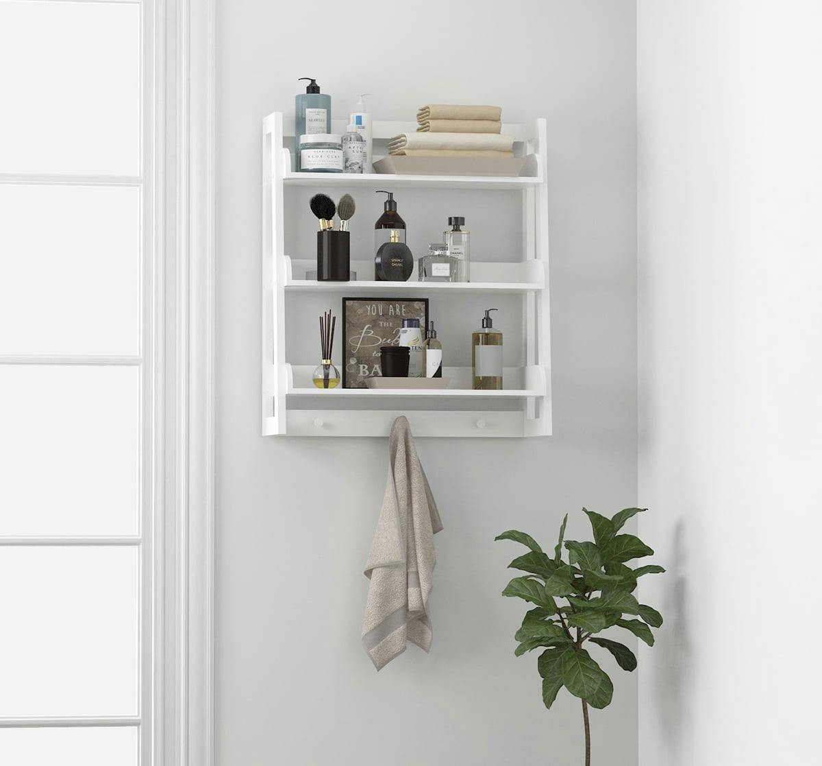 Modern White Wall-Mounted 3-Tier Bathroom Shelf with Towel Hooks