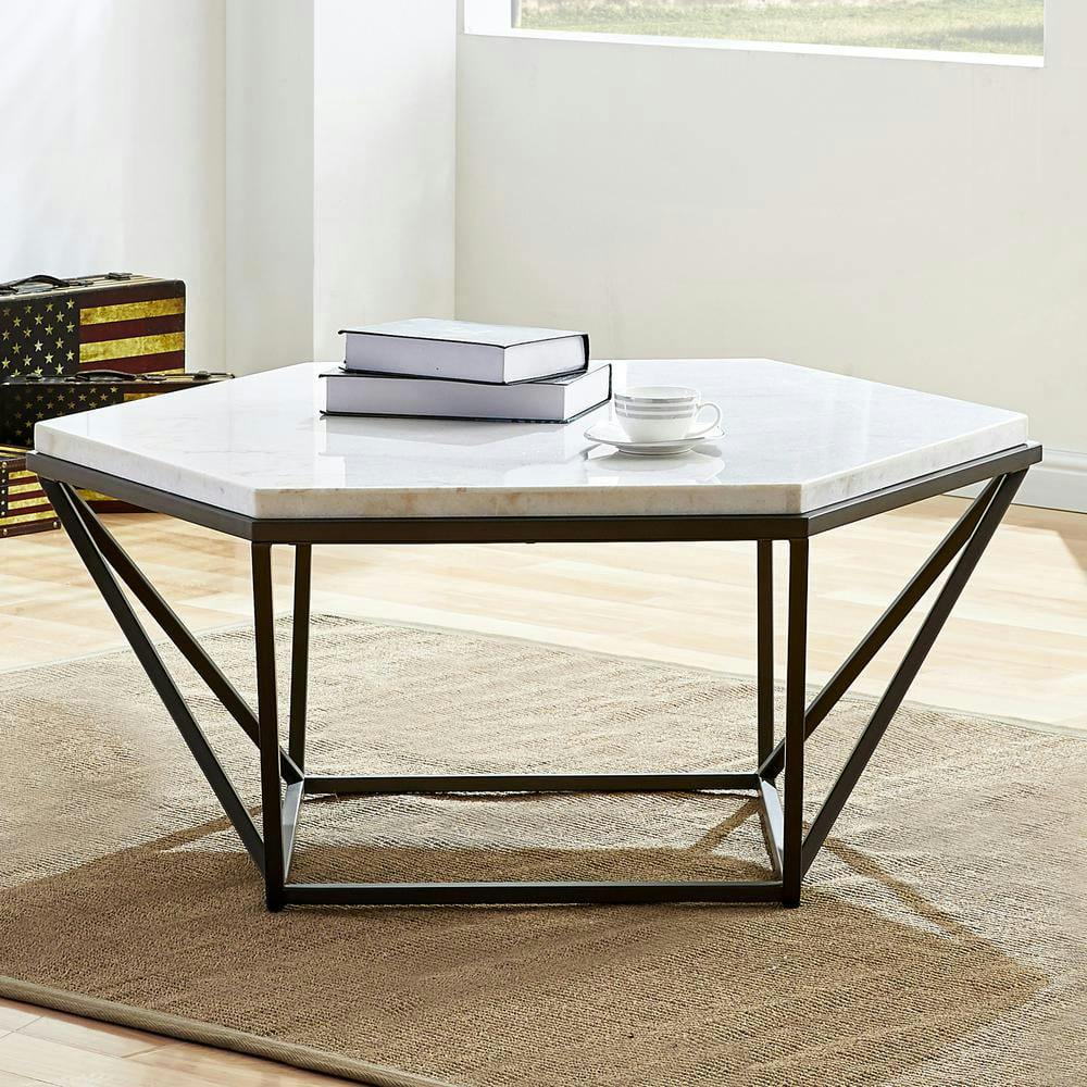 Transitional Hexagonal Lift-Top Coffee Table in Brown/White Marble