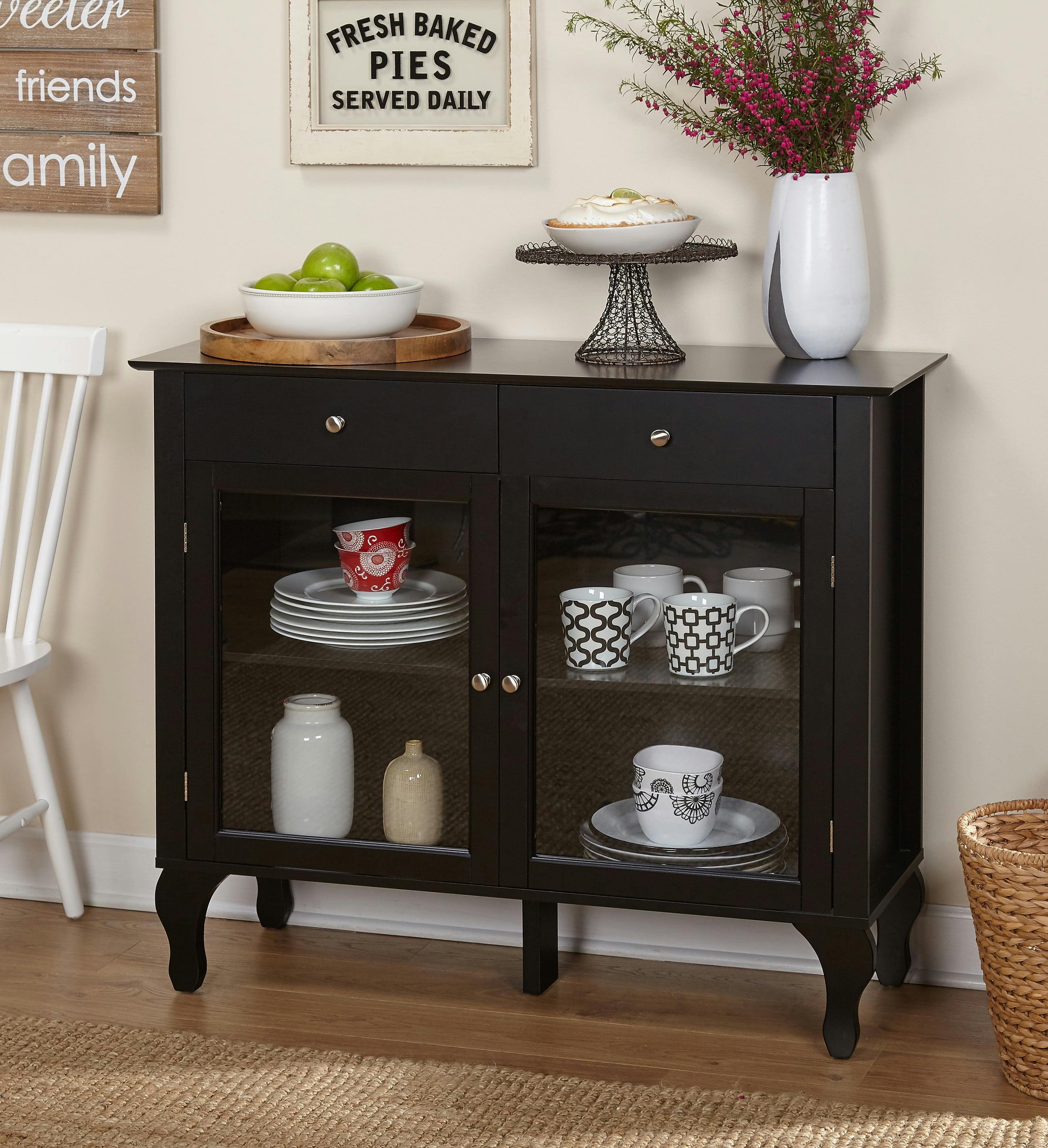 Petite Queen Anne Black Buffet with Tempered Glass Doors