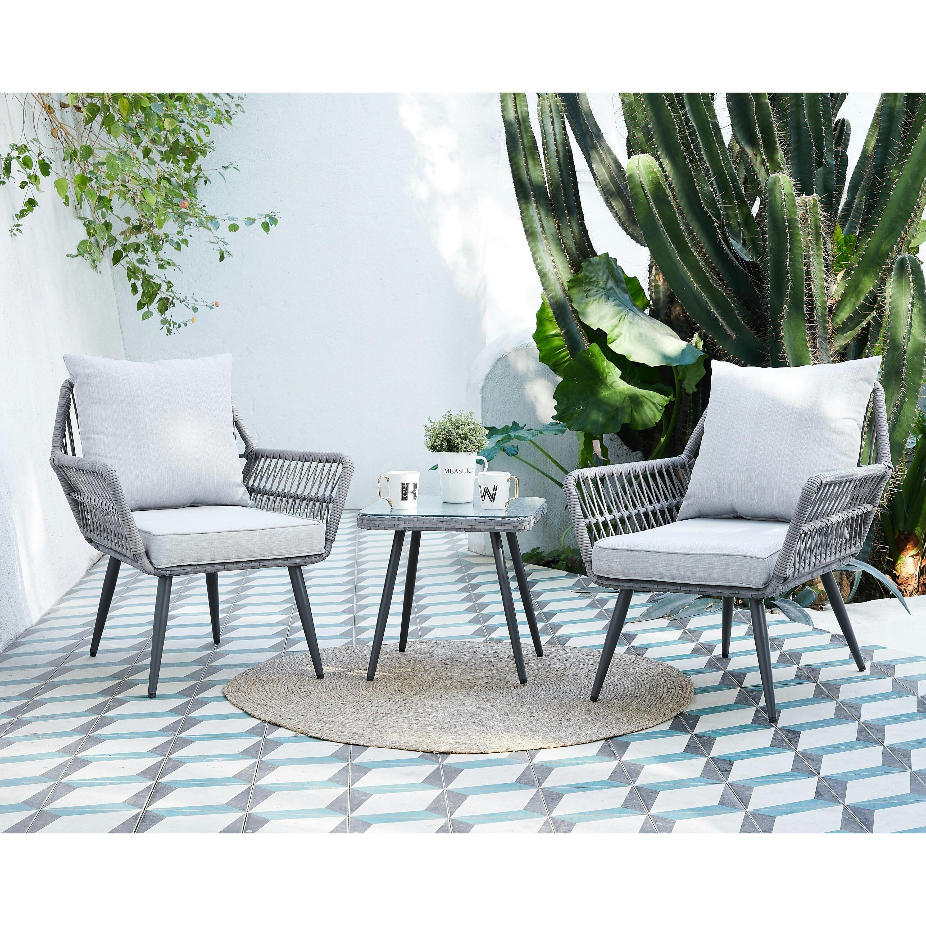Modern Gray Rattan 3-Piece Bistro Set with Tempered Glass Coffee Table