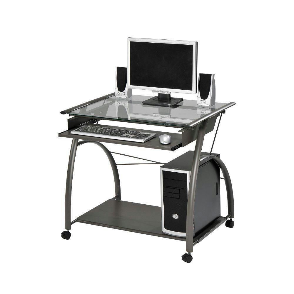 Vincent Pewter Gray Glass Top Computer Cart with Keyboard Tray