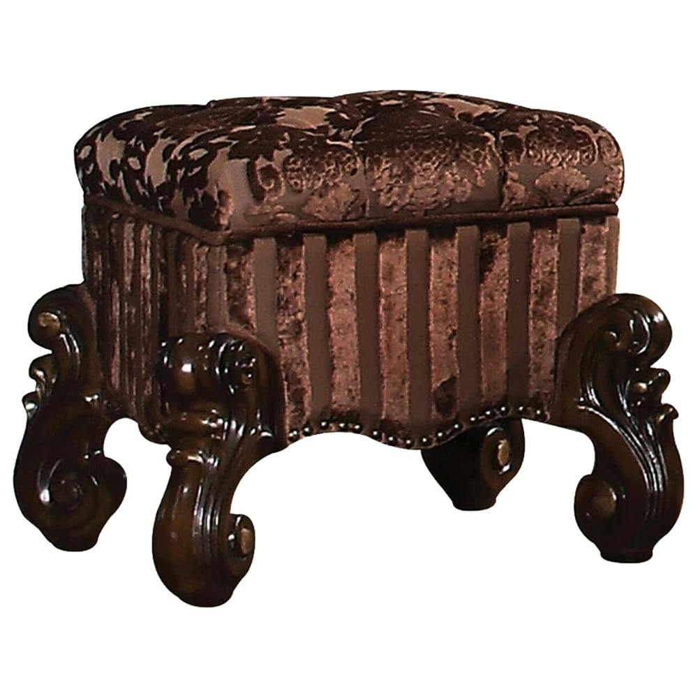 Cherry Oak Brown Tufted Fabric Vanity Stool with Scrolled Legs