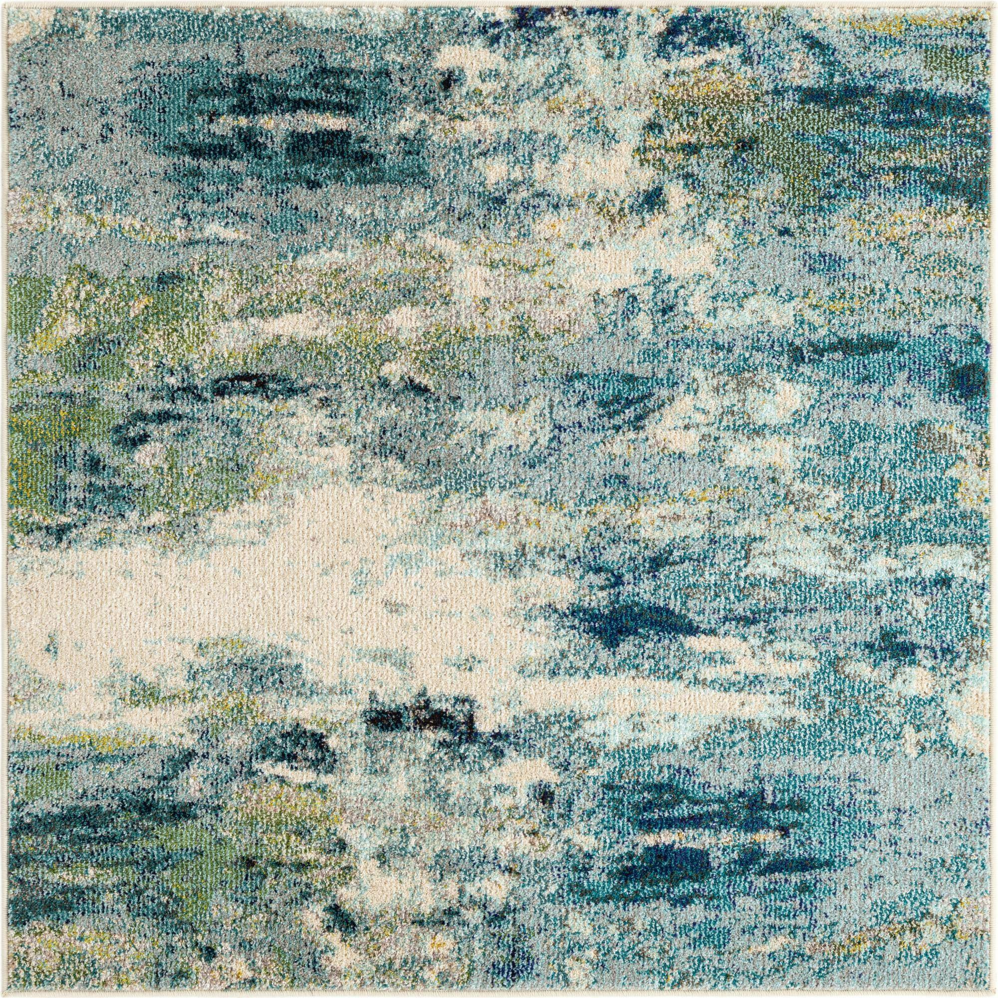 Luminous Harmony 4' Square Light Blue & Beige Abstract Synthetic Rug
