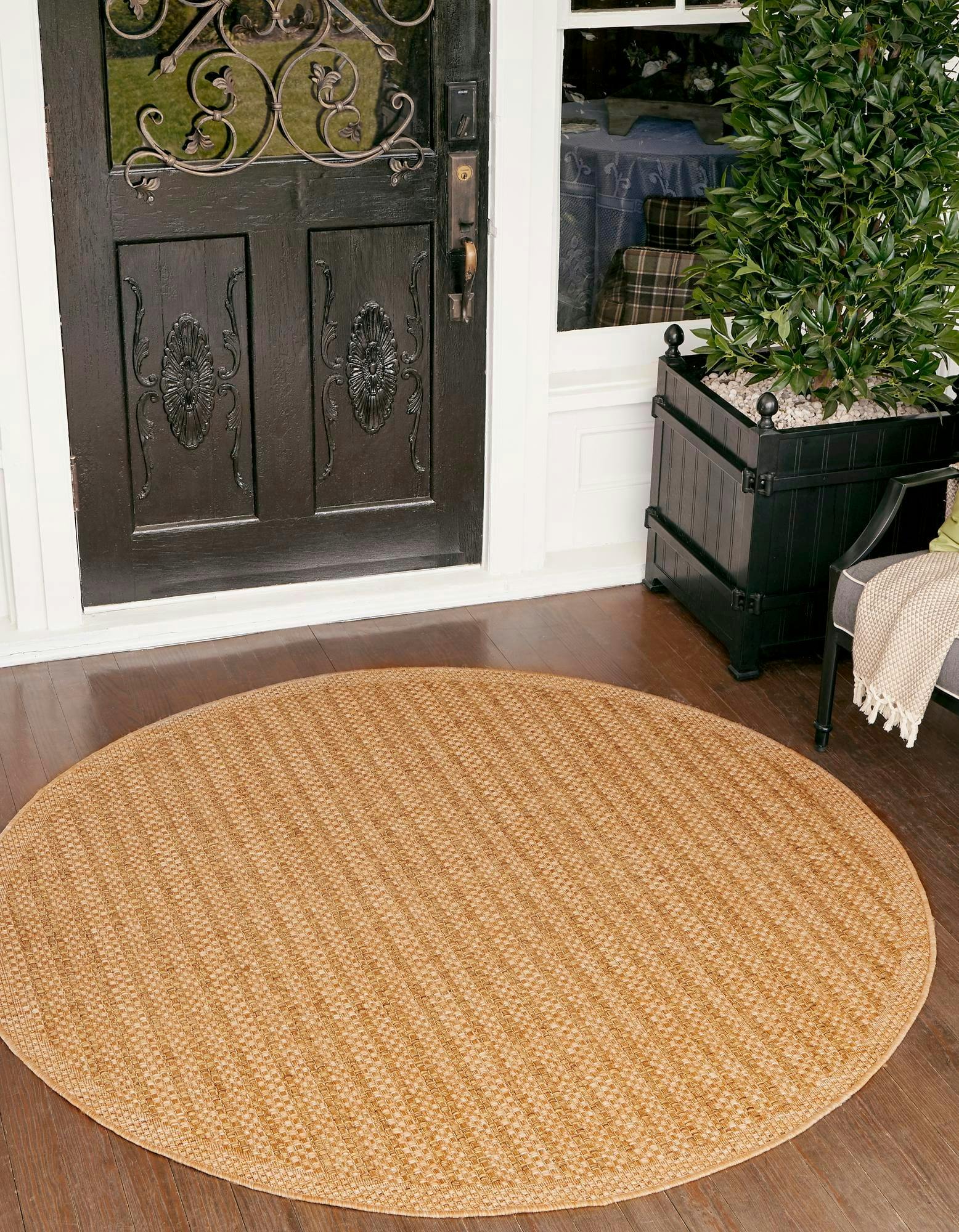 Easy-Care Reversible Stripe Round Outdoor Rug, 6'1", Light Brown