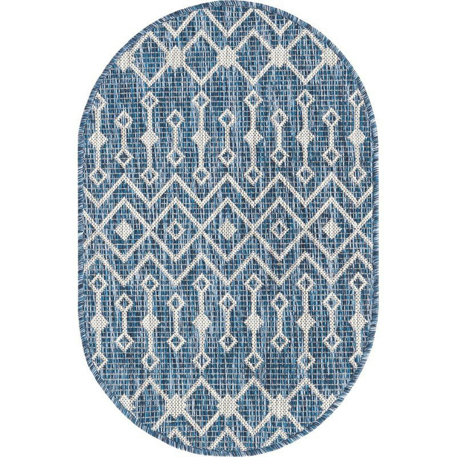 Easy-Care Oval Blue Trellis Synthetic Outdoor Rug