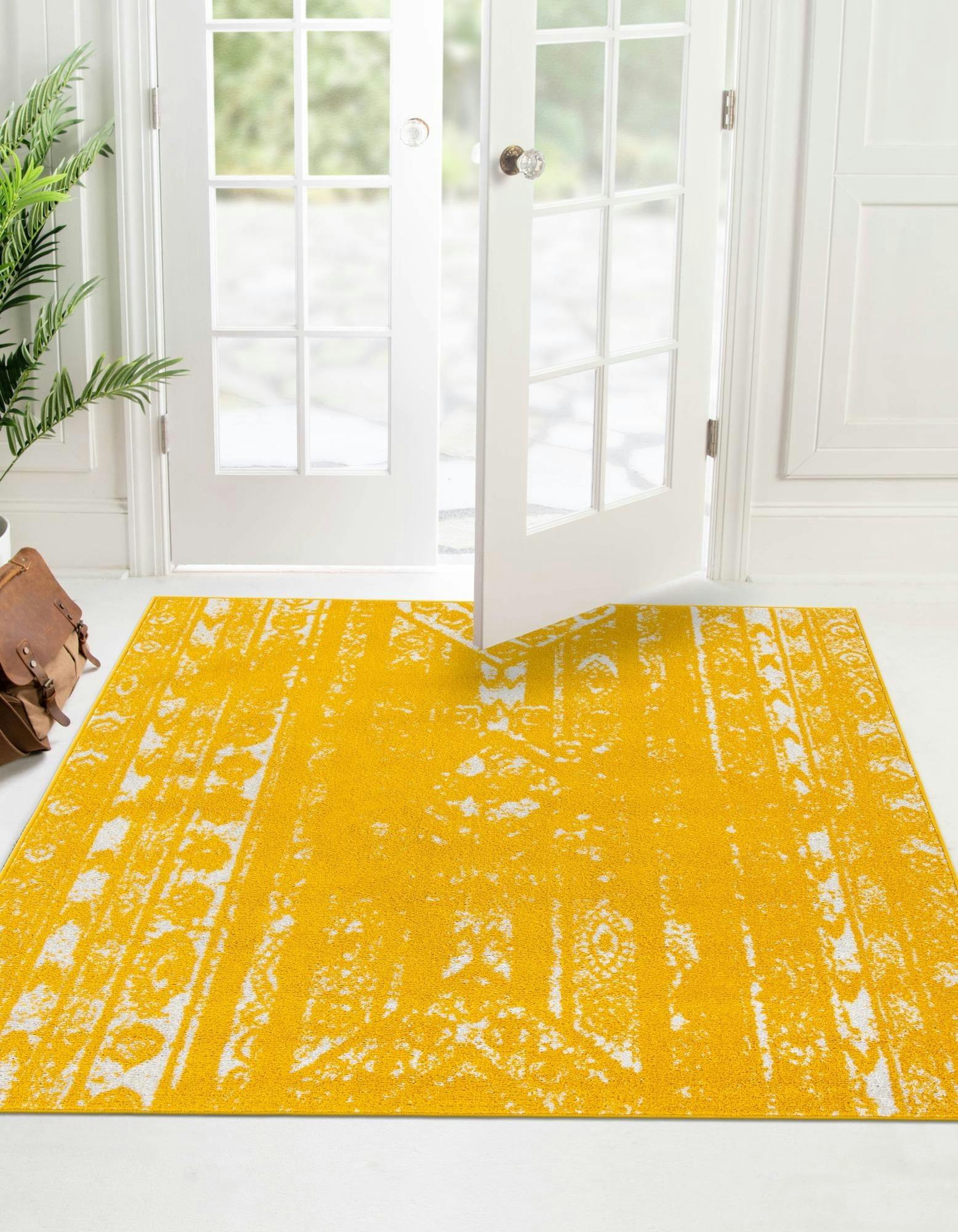 Vibrant Yellow Square Synthetic Area Rug for Modern Homes