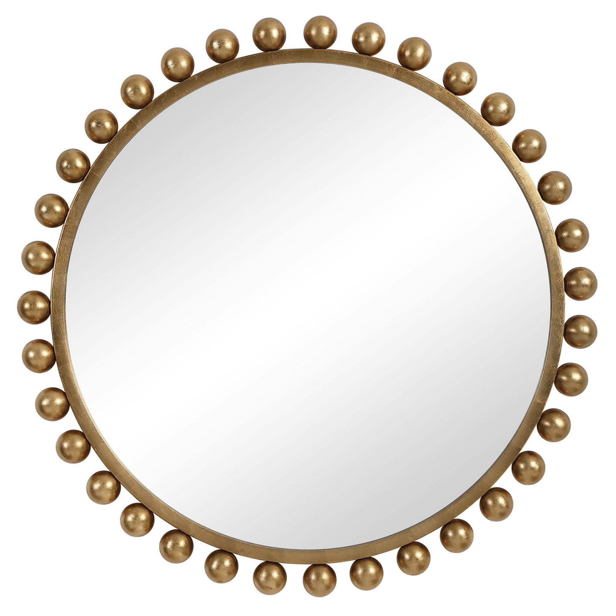 Transitional Gold Leaf Round Wall Mirror with Smooth Iron Spheres, 44"