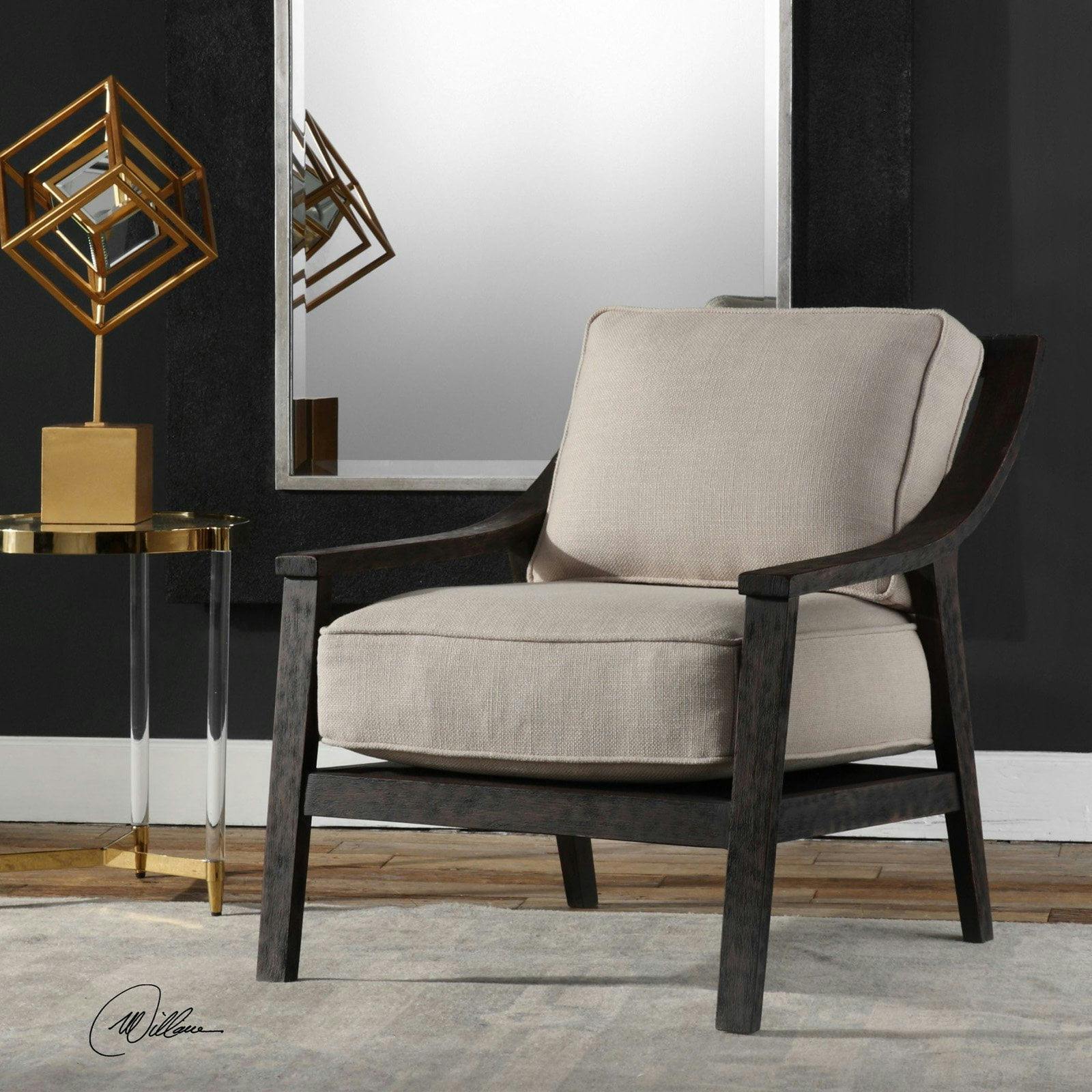 Lyle Transitional Neutral Beige Linen and Walnut Wood Accent Chair