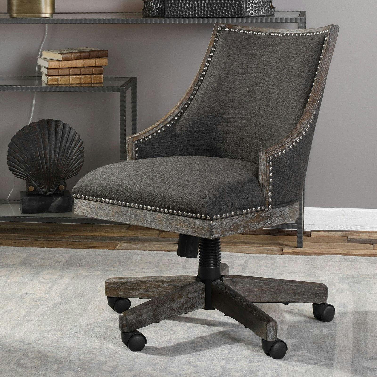 Aidrian Charcoal Gray Linen Executive Desk Chair with Polished Nickel Accents