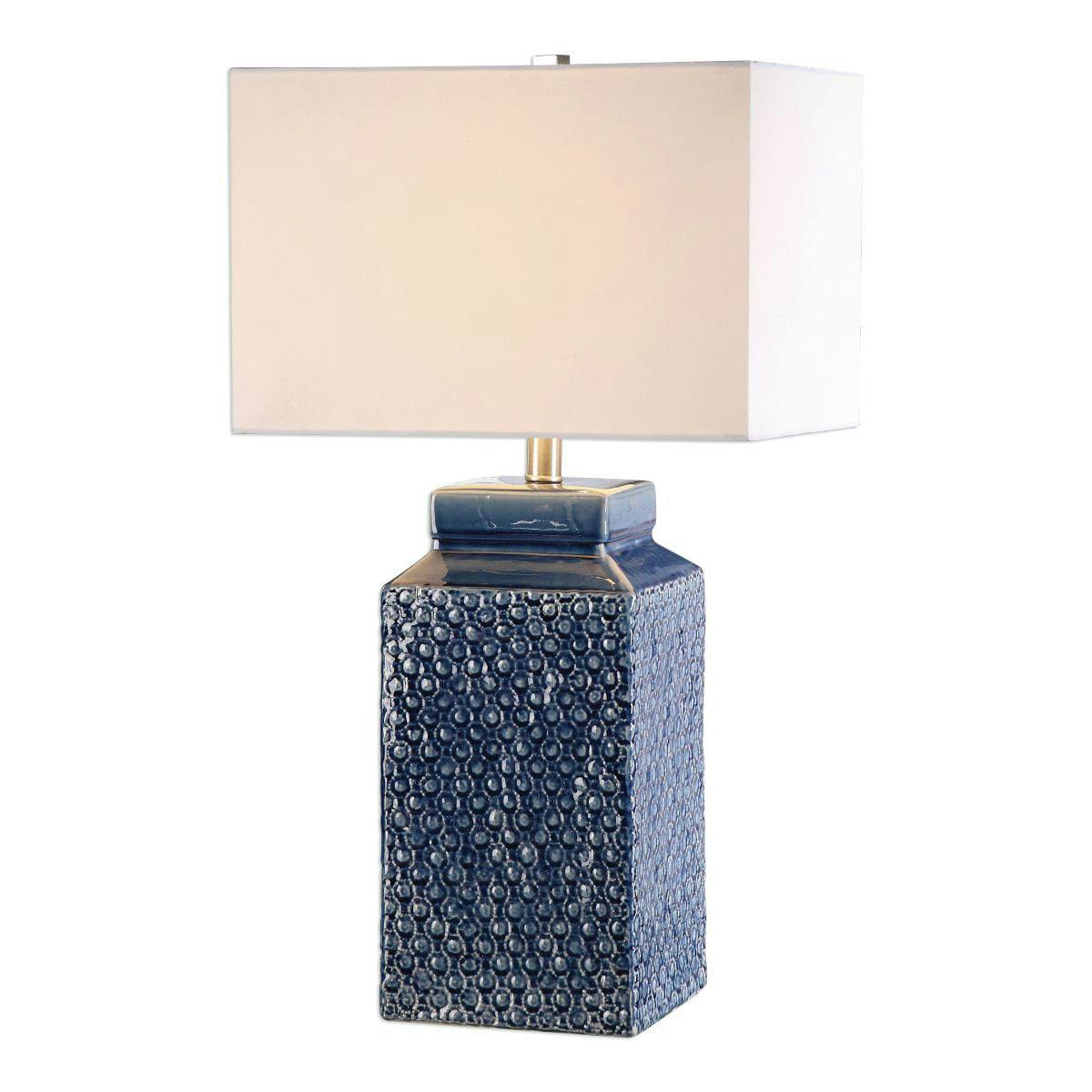 Sapphire Blue Ceramic Table Lamp with White Linen Shade