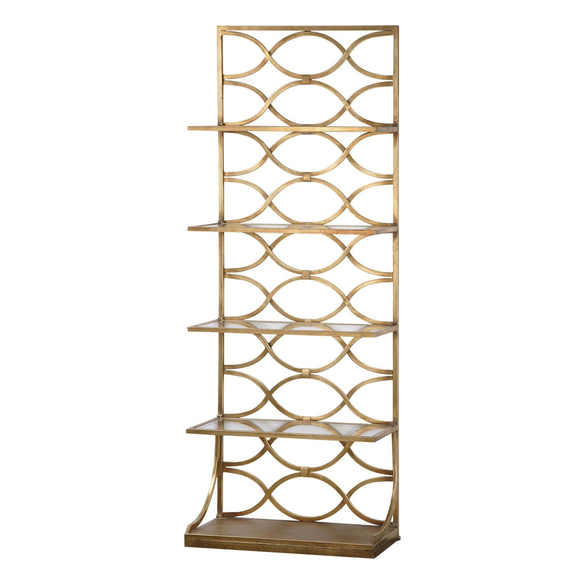 Lustrous Gold Leaf 30" Forged Iron Etagere with Tempered Glass Shelves