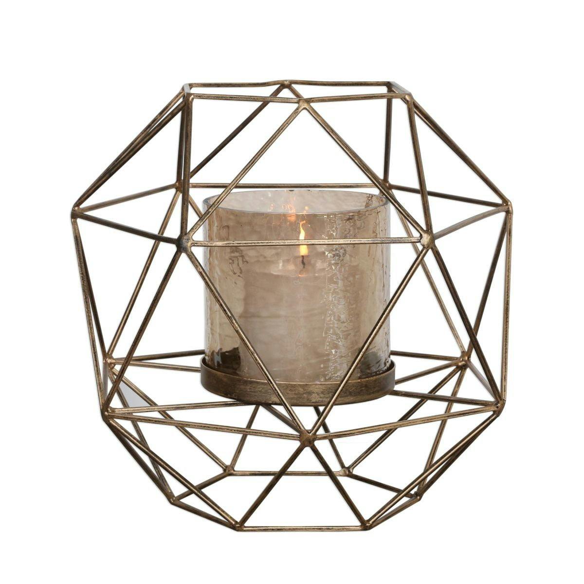 Contemporary Geometric Gold Iron Candleholder with Copper Accents