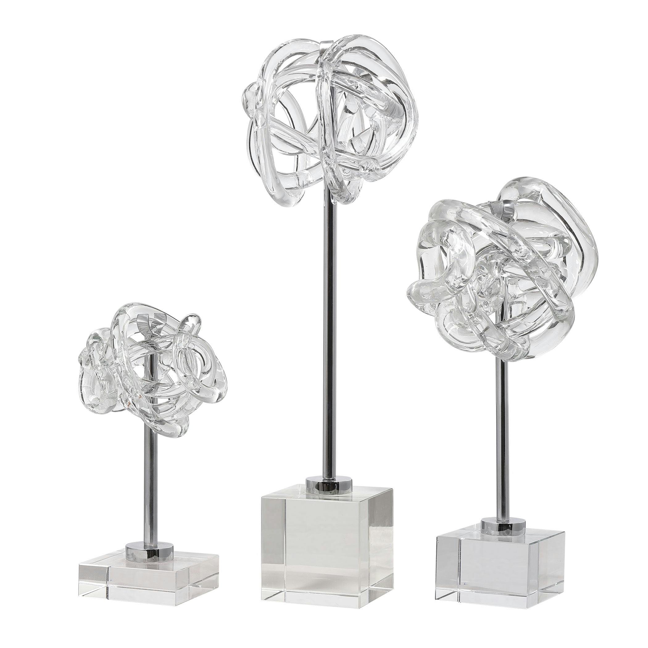 Contemporary Neuron Glass Sculptures with Polished Nickel Base - Set of 3