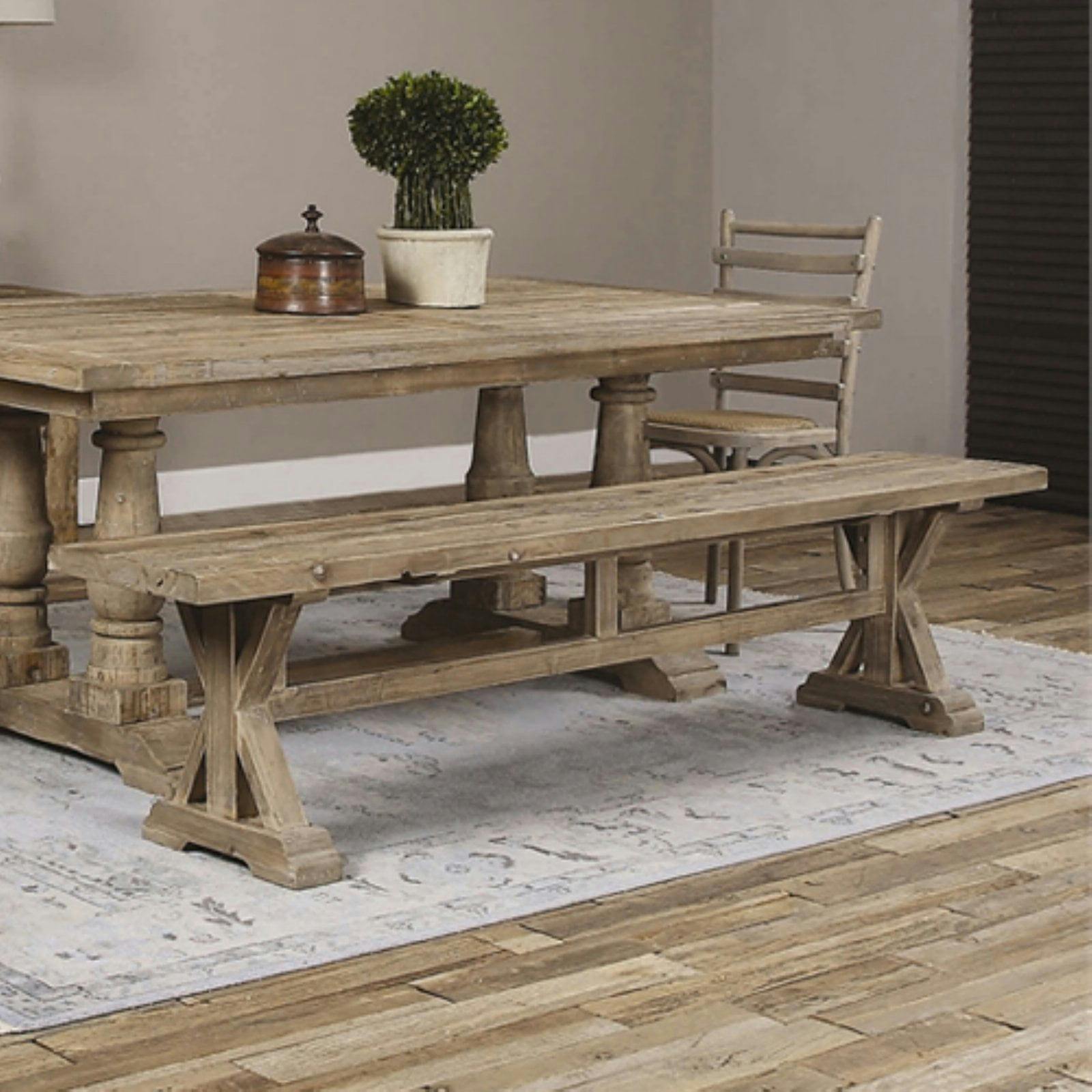 Stratford Salvaged Wood Trestle Dining Bench - Sun Faded Brown
