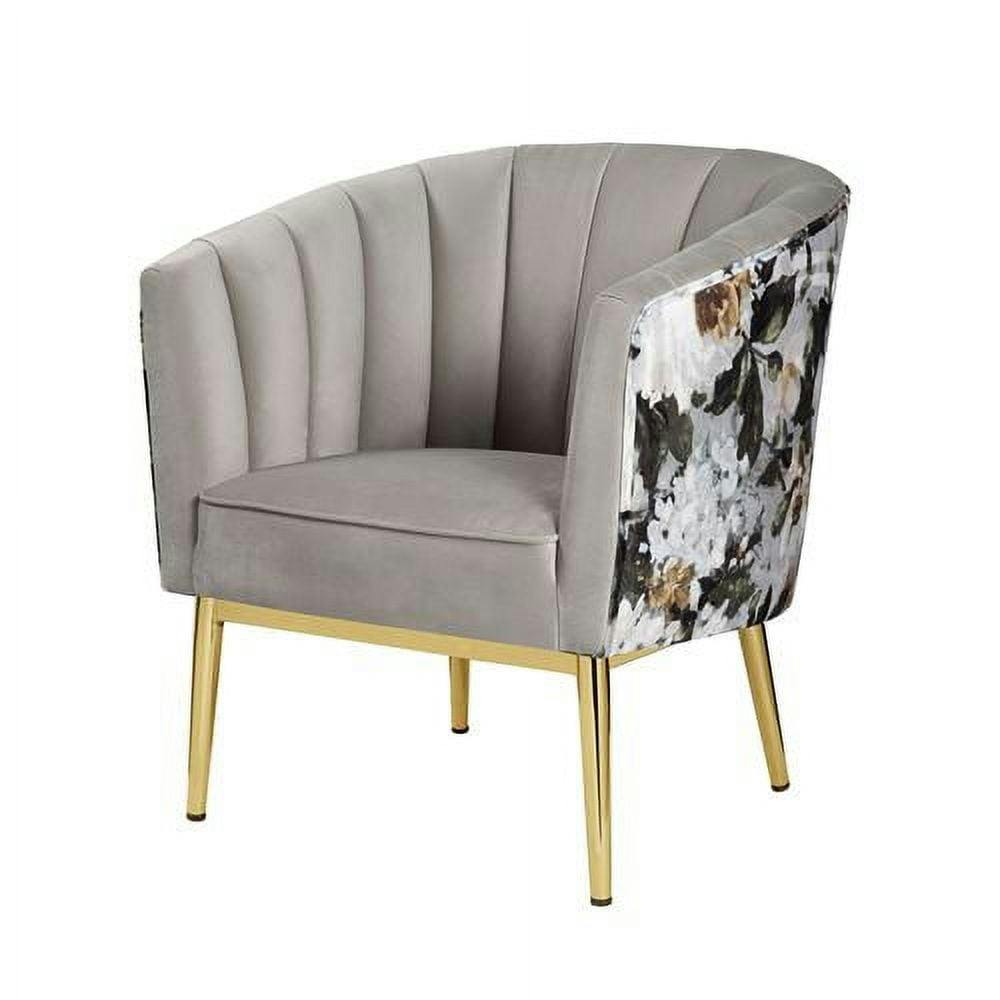 Floral Black Velvet Barrel Accent Chair with Wood Accents