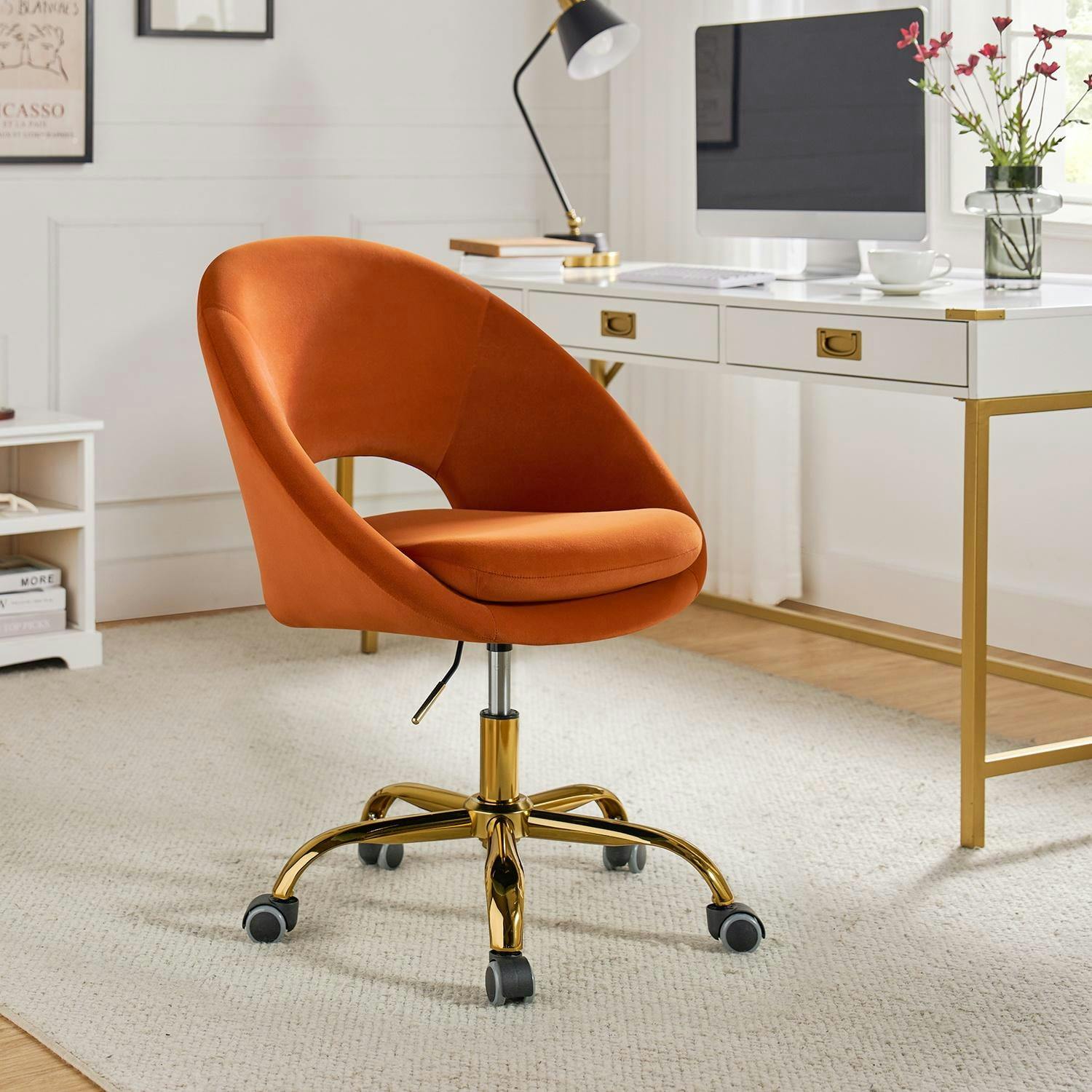 Ergonomic Velvet Swivel Task Chair in Orange with Metal and Wood Frame