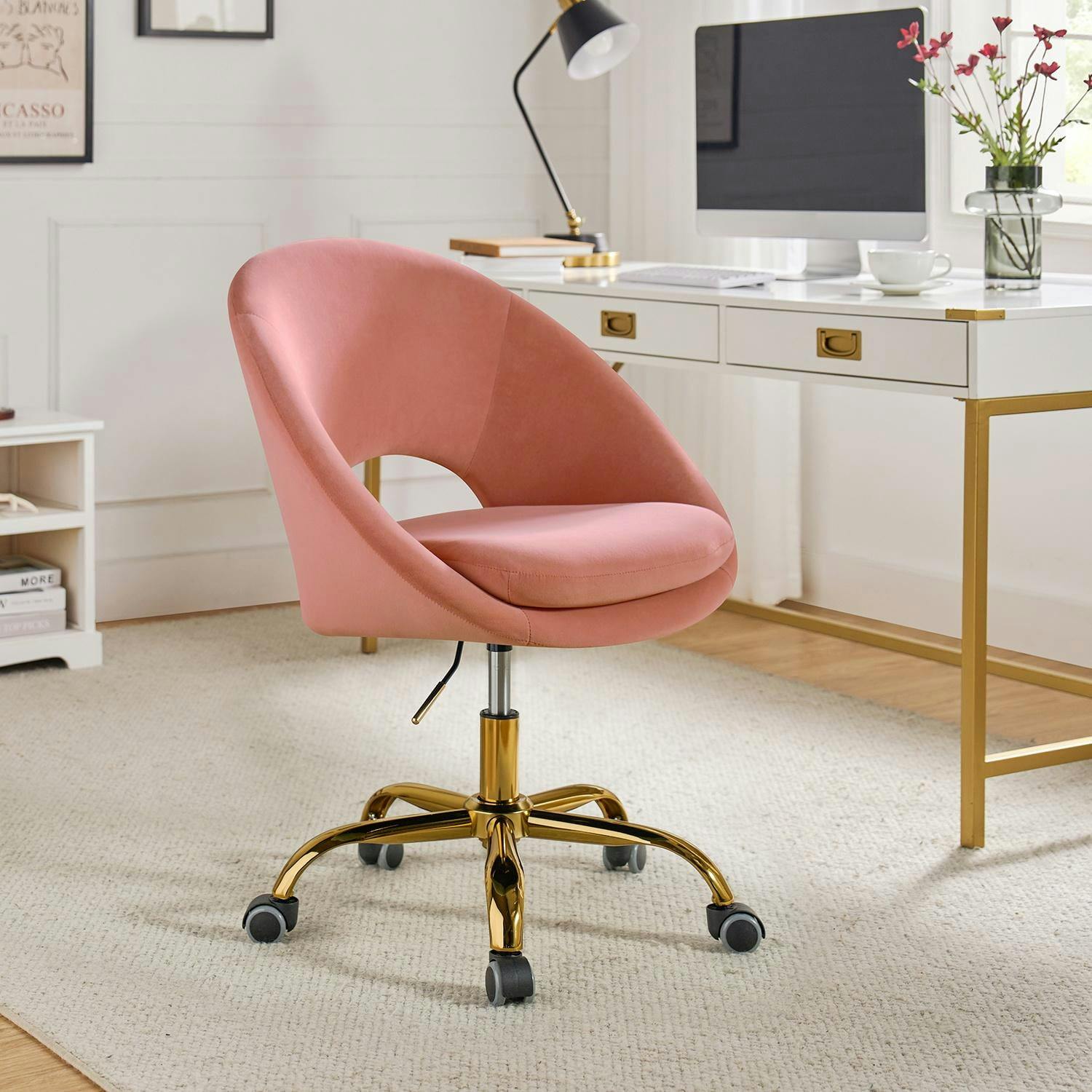 Blush Pink Velvet Swivel Task Chair with Golden Metal Base