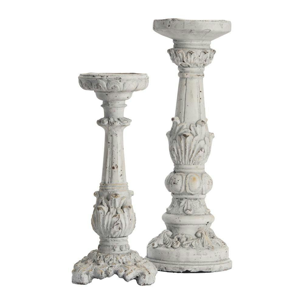 Antique White Cement Victorian Candlestick Pair, 19" and 15"