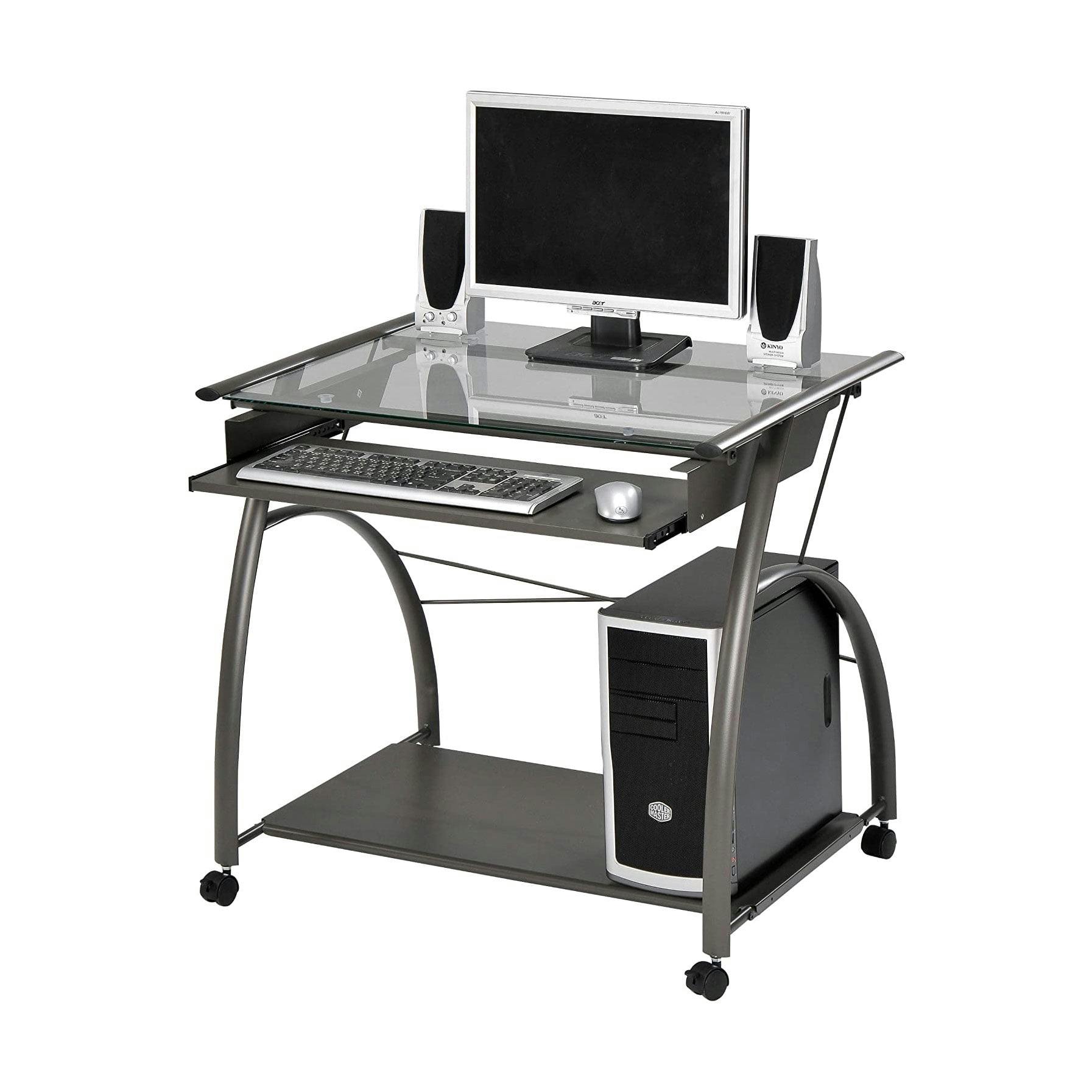Vincent Pewter Gray Glass Top Computer Cart with Keyboard Tray