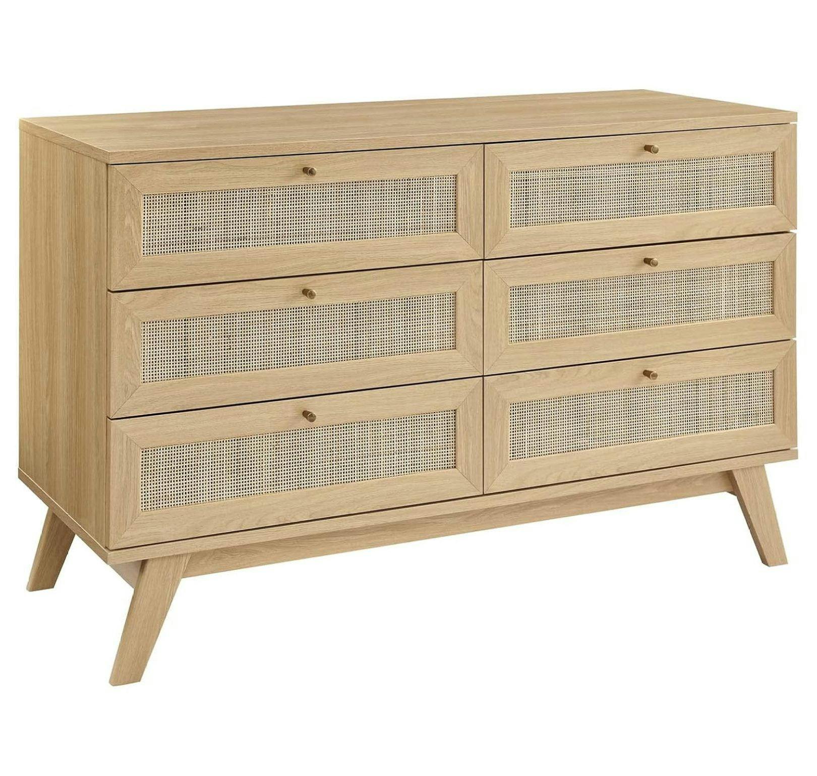 Soma 6-Drawer Double Dresser with Rattan Weave - Oak