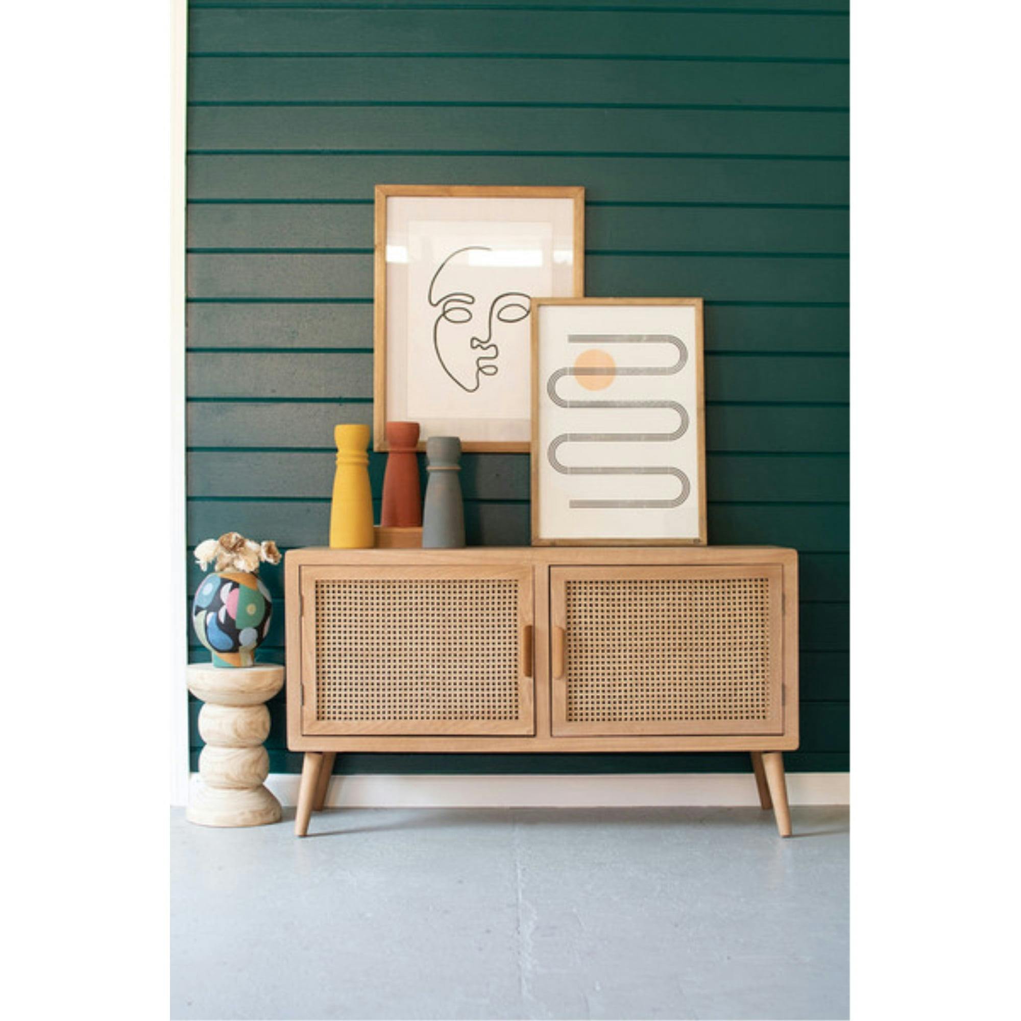 Retro Mellow Brown Wood TV Cabinet with Woven Cane Doors