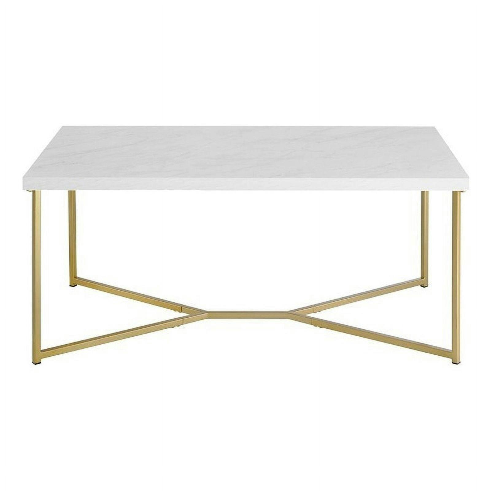 Elegant White Faux Marble and Gold Metal Rectangular Coffee Table