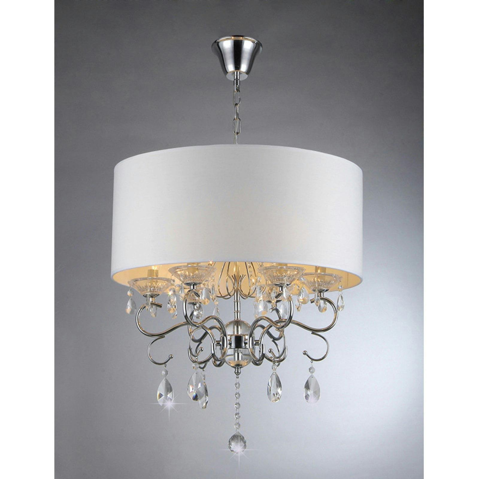 Elegant Chrome Drum Chandelier with Ivory Faux Silk Shade and Crystal Accents