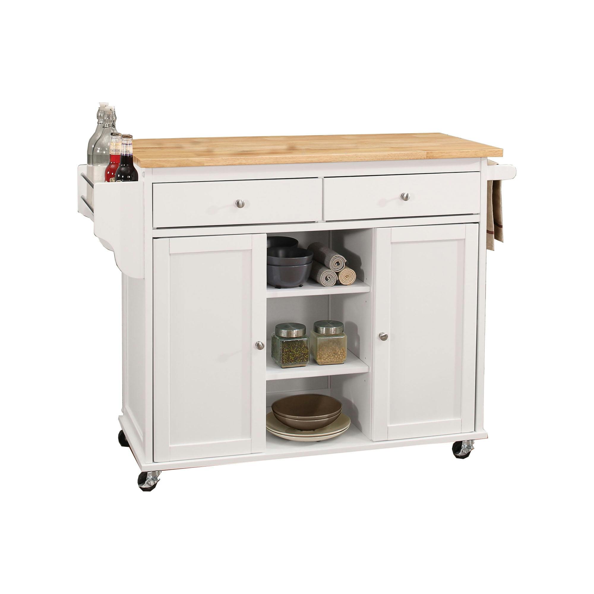 Charming Cottage-Style Natural & White Kitchen Cart with Wine Storage