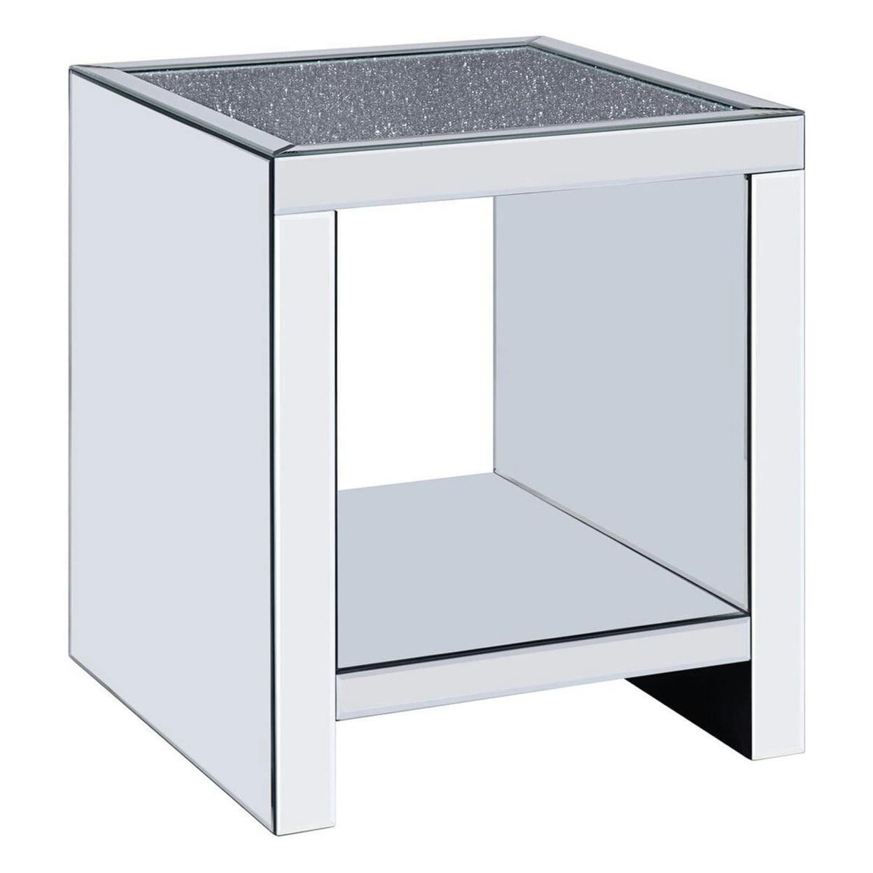 Modern Mirrored Wood End Table with Glass Top and Shelf