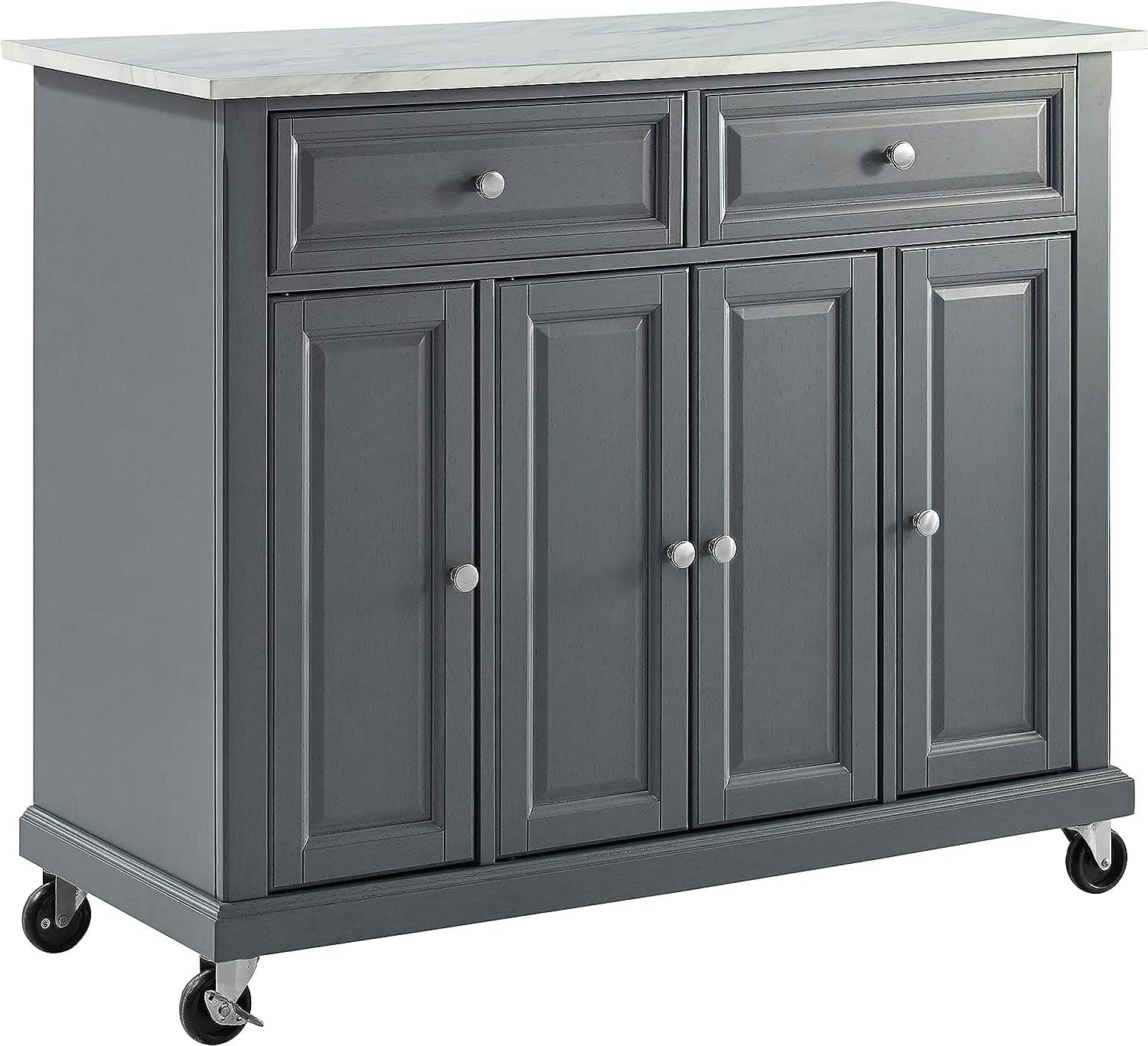Traditional Gray Granite-Top Birch Kitchen Cart with Nickel Accents