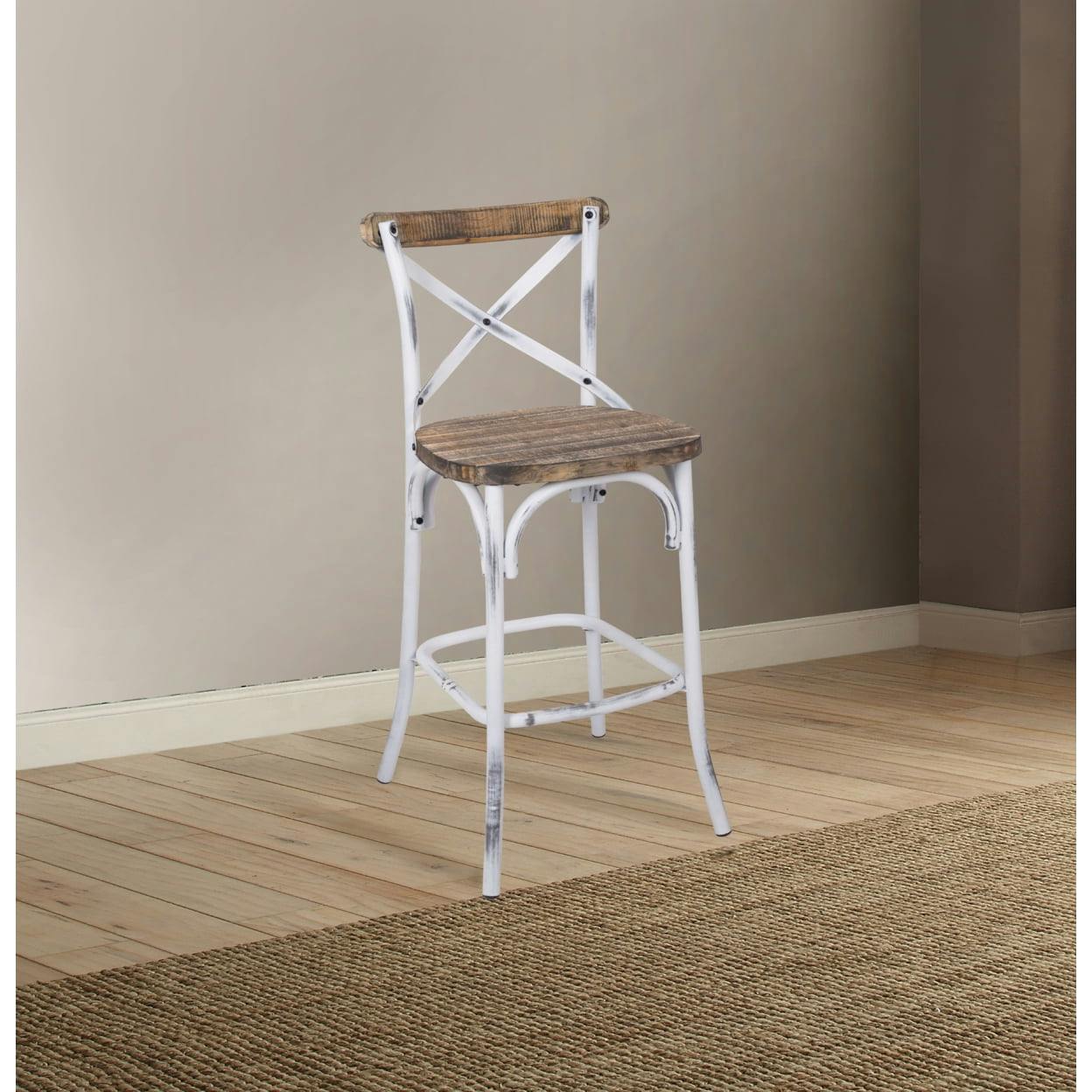 Antique White & Oak Rustic Metal-Accented Bar Chair