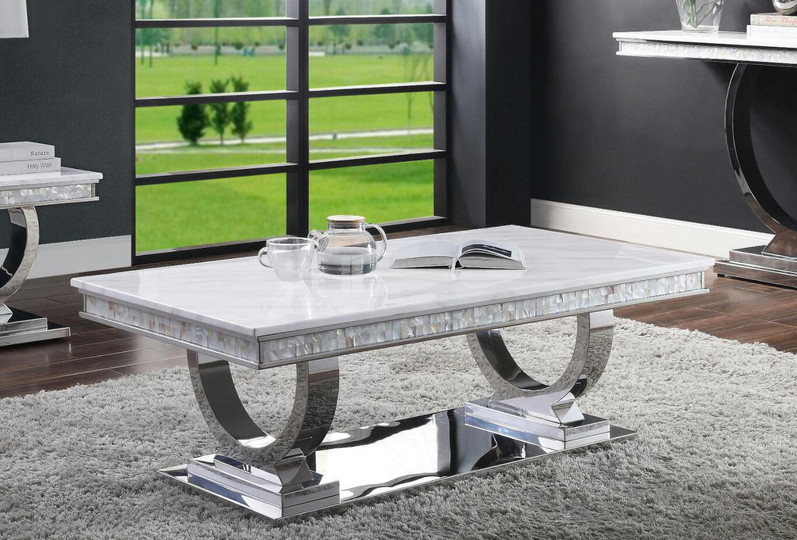 Contemporary Zander 54'' White Faux Marble Coffee Table with Silver Finish
