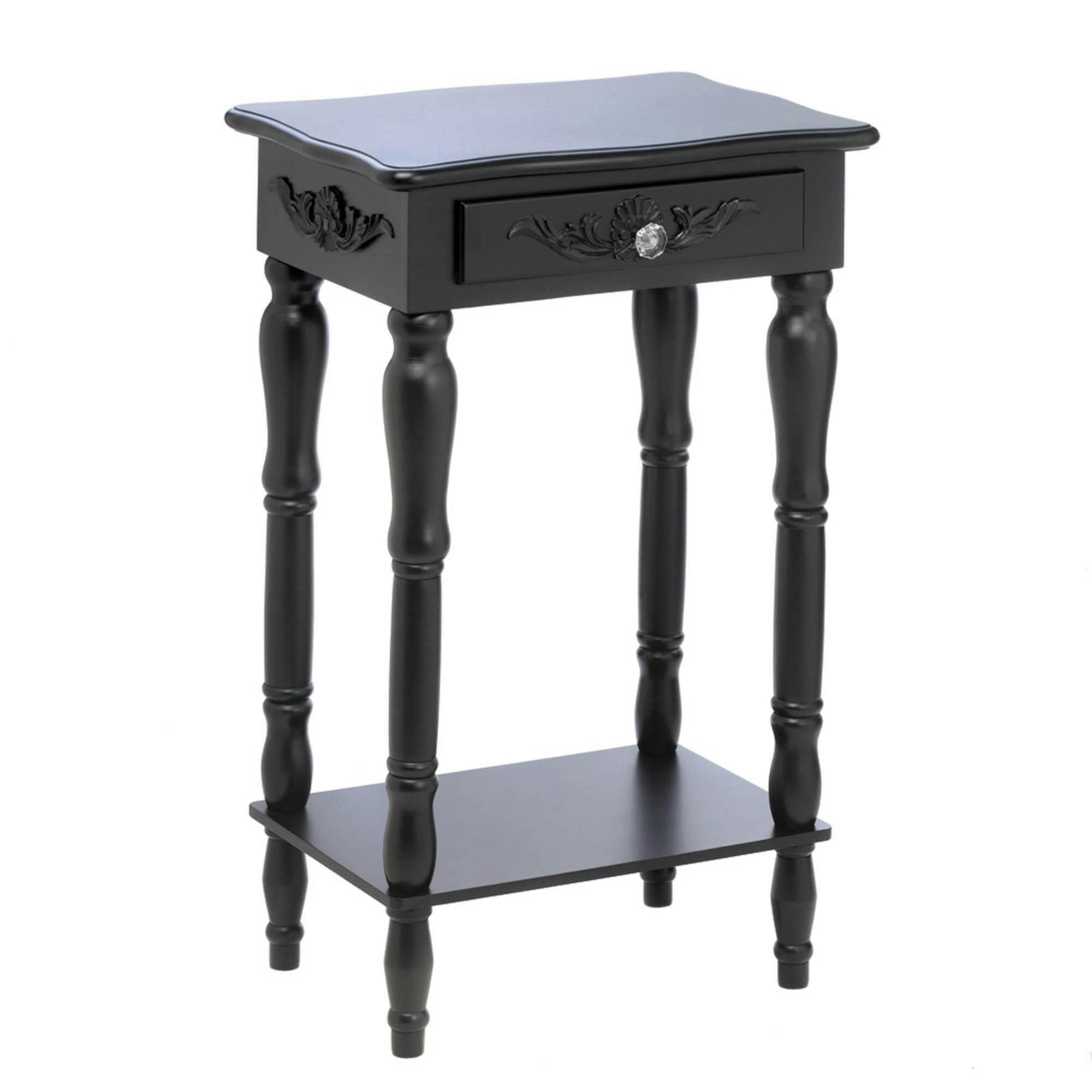 Colonial Carved Black Pinewood Rectangular Side Table with Storage
