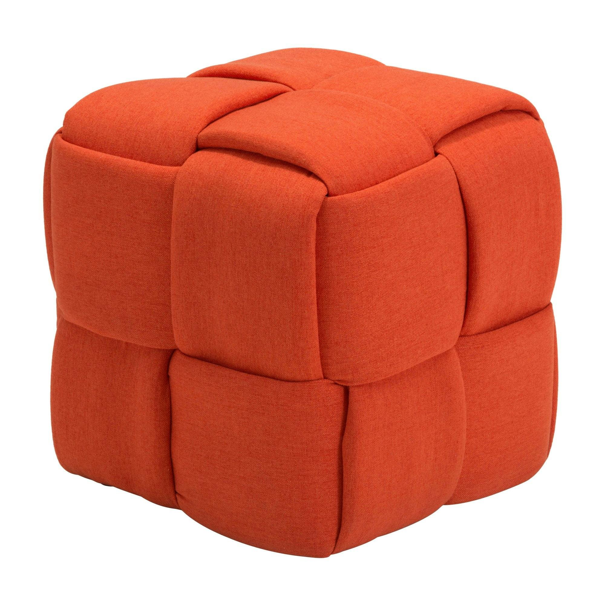 Modern Checks 19.7" Cube Stool in Vibrant Orange with Woven Polyester
