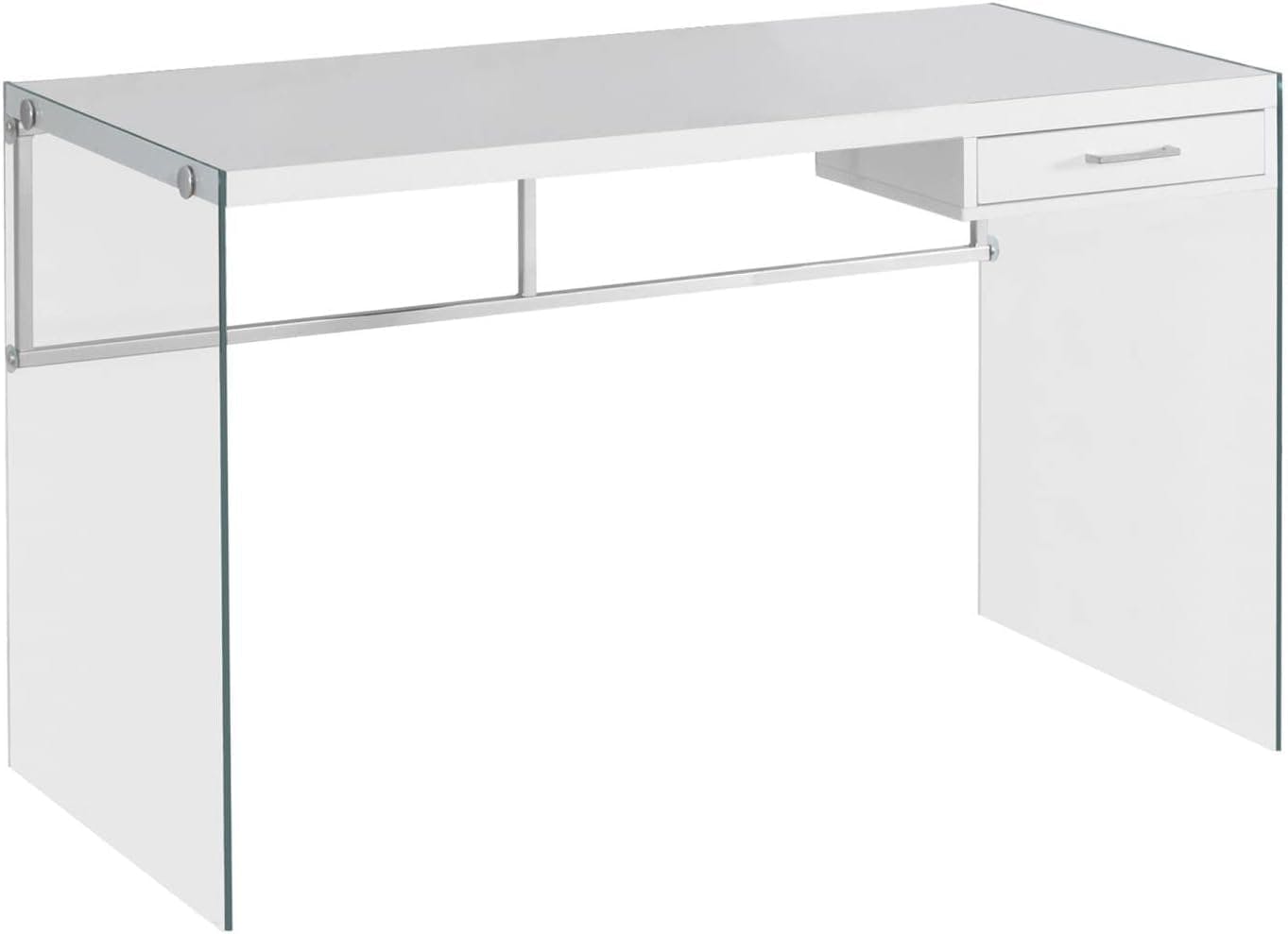 Glossy White Contemporary 48" Home Office Desk with Glass Legs and Drawer