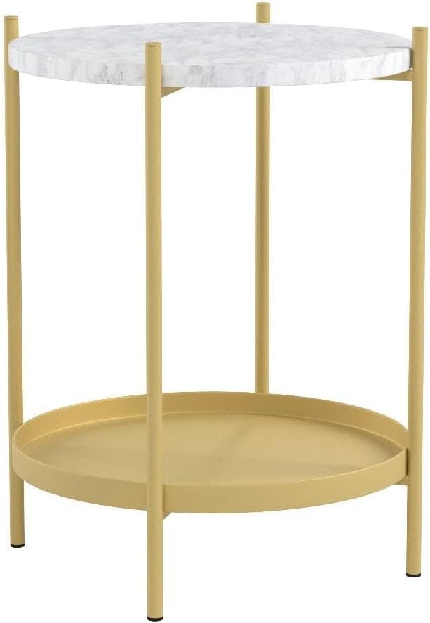 Alexis Chic Round White Faux Marble and Gold Metal End Table
