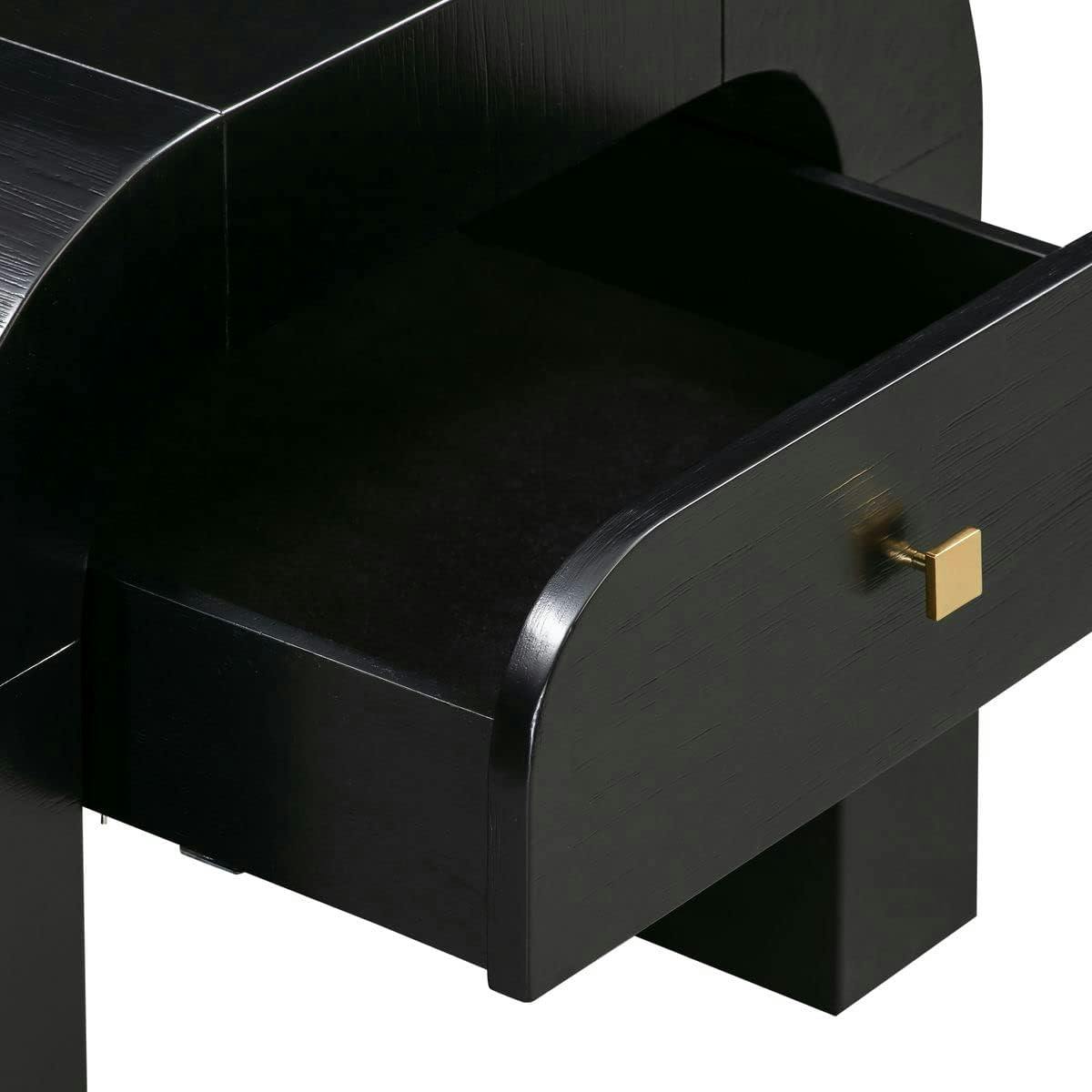 Modern Acacia Black Nightstand with Rounded Silhouette and Gold Accents