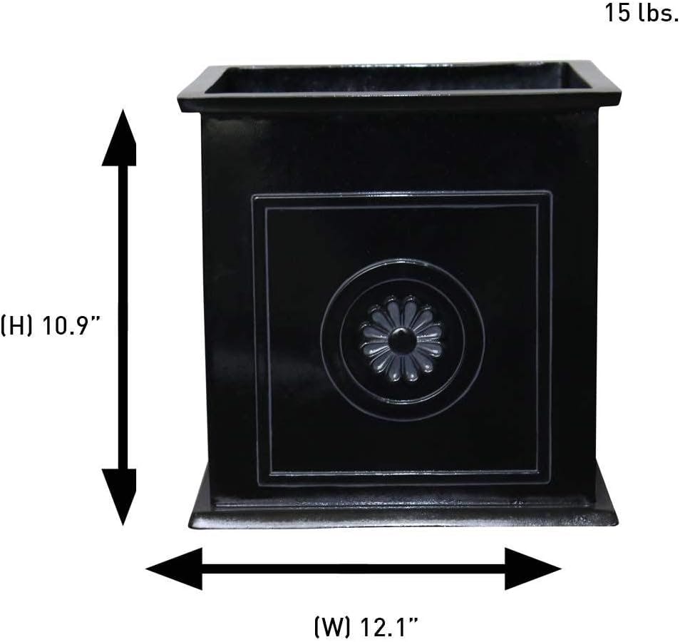 Glossy Black Square Resin Planter with Floral Medallions, 16"