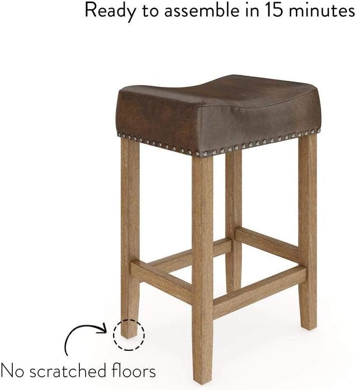 24" Rustic Saddle-Style Barstool in Dark Brown PU Leather & Light Brown Wood