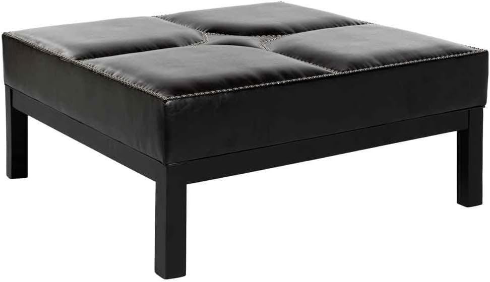 Transitional Terrence 37" Black Leather Cocktail Ottoman with Silver Nailheads
