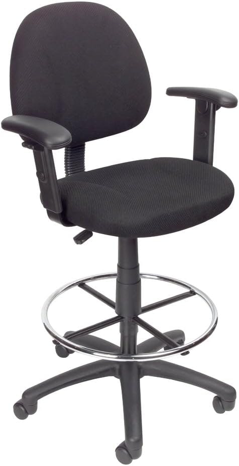 ErgoComfort Black Tweed Drafting Stool with Adjustable Arms and Chrome Footring