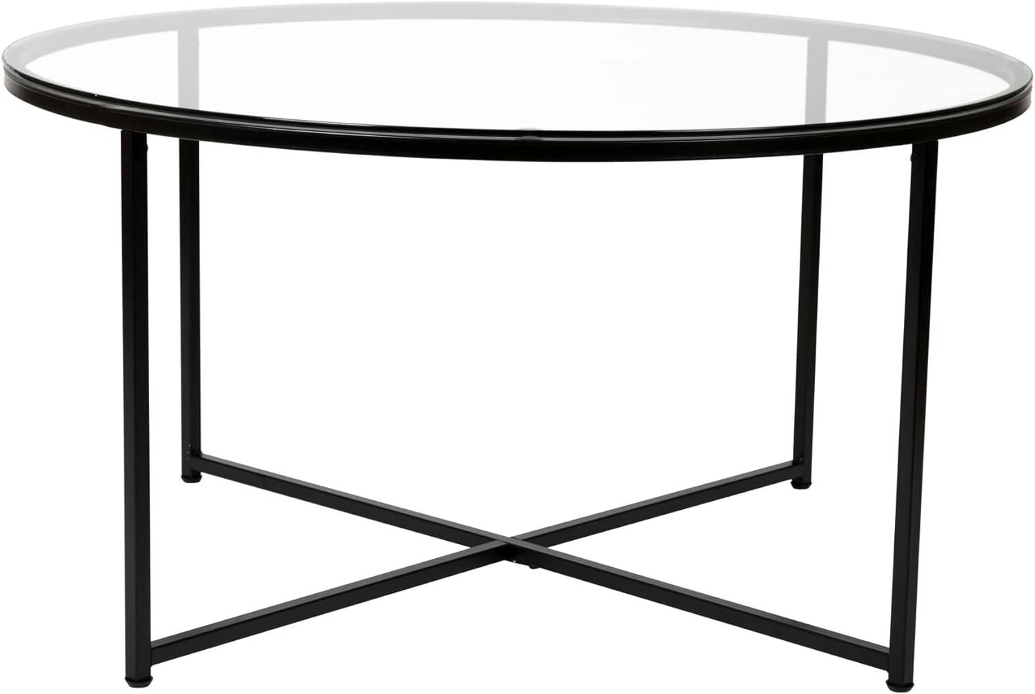 Elegant 35.5" Round Clear Glass Coffee Table with Matte Black Frame