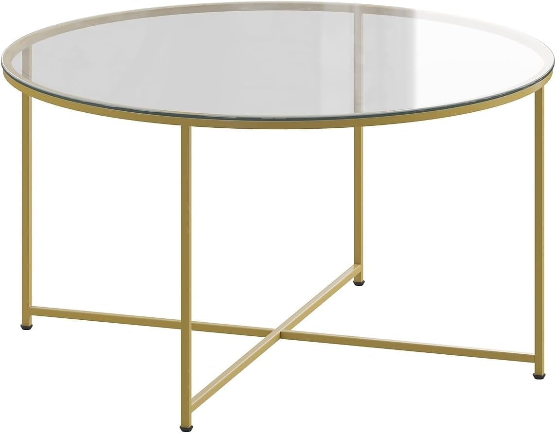 Elegant 39" Round Glass Coffee Table with Brushed Gold Crisscross Legs